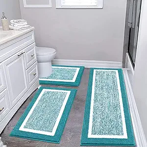 Pauwer Bathroom Rugs Sets 3 Piece Bathroom Shower Rugs with U-Shaped Contour Toilet Mat Absorbent Microfiber Plush Bath Mats Non Slip Bath Rugs Machine Washable Shaggy Bathroom Floor Mats, Aqua Blue