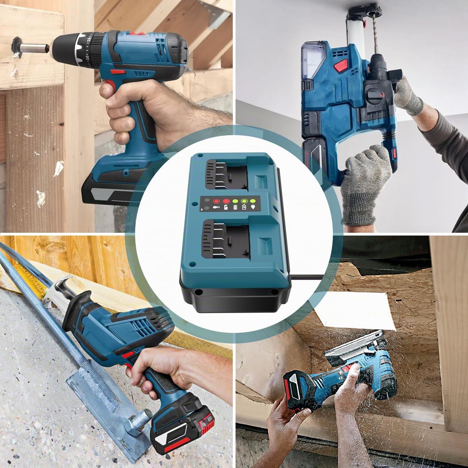 KUNLUN Caricabatterie per Bosch Professional 18V Batteria, Caricabatterie Sostitutivo a 2 Porte con Display LED per Bosch Batterie 18V GBA BAT609, BAT610G, BAT618G, BAT619 e BAT621