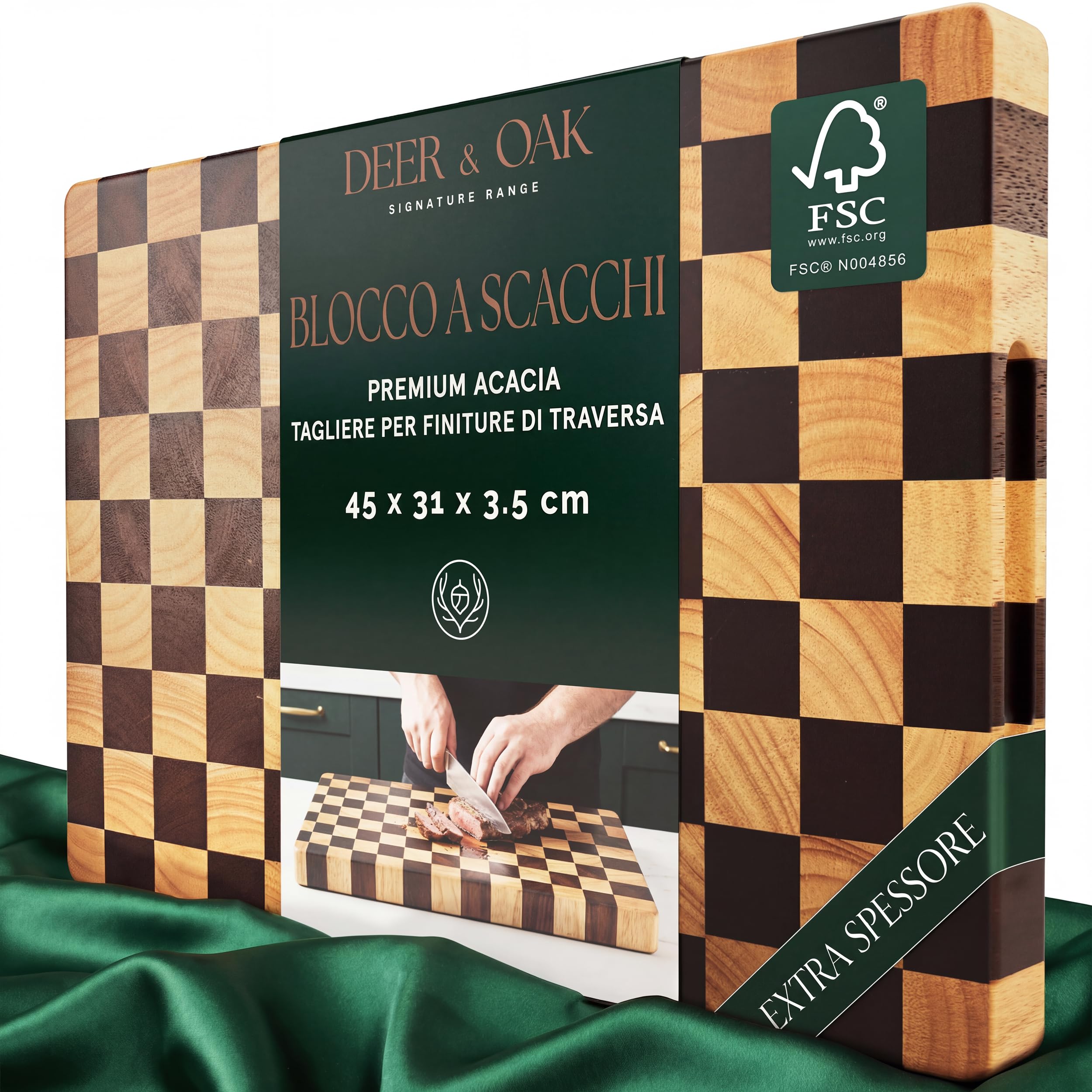 Deer & Oak Tagliere in acacia legno di punta motivo scacchiere e olio alimentare – 45 x 31 x 3,5 cm, blocco macellaio FSC pre-oliato con maniglie, tavola antipasto