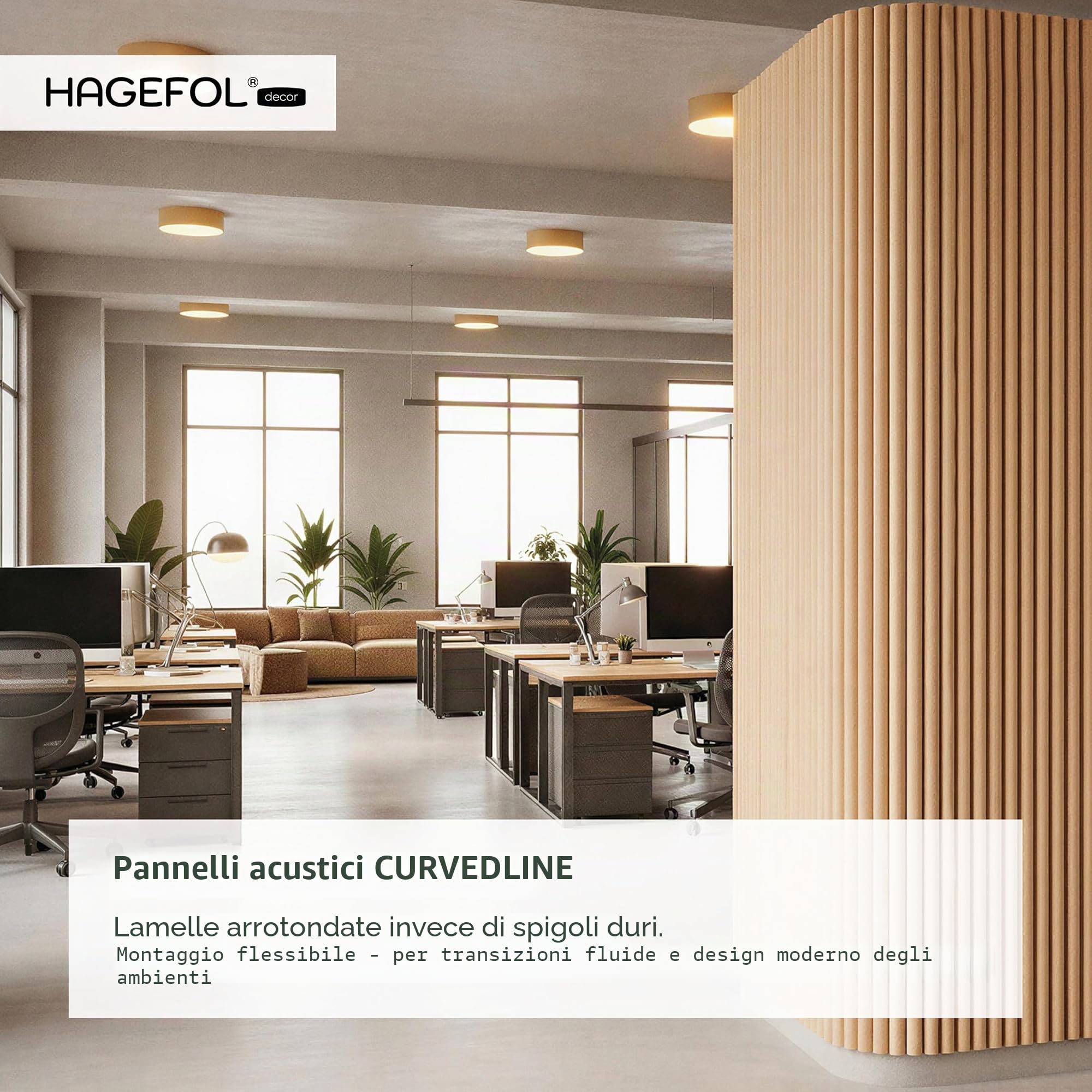 HAGEFOL® CurvedLine - Pannelli acustici in legno, 240 x 60 cm, colore rovere, pannelli da parete con lamelle 3D, impiallacciatura di legno su feltro acustico, pannelli fonoassorbenti (2 pezzi da 240 x