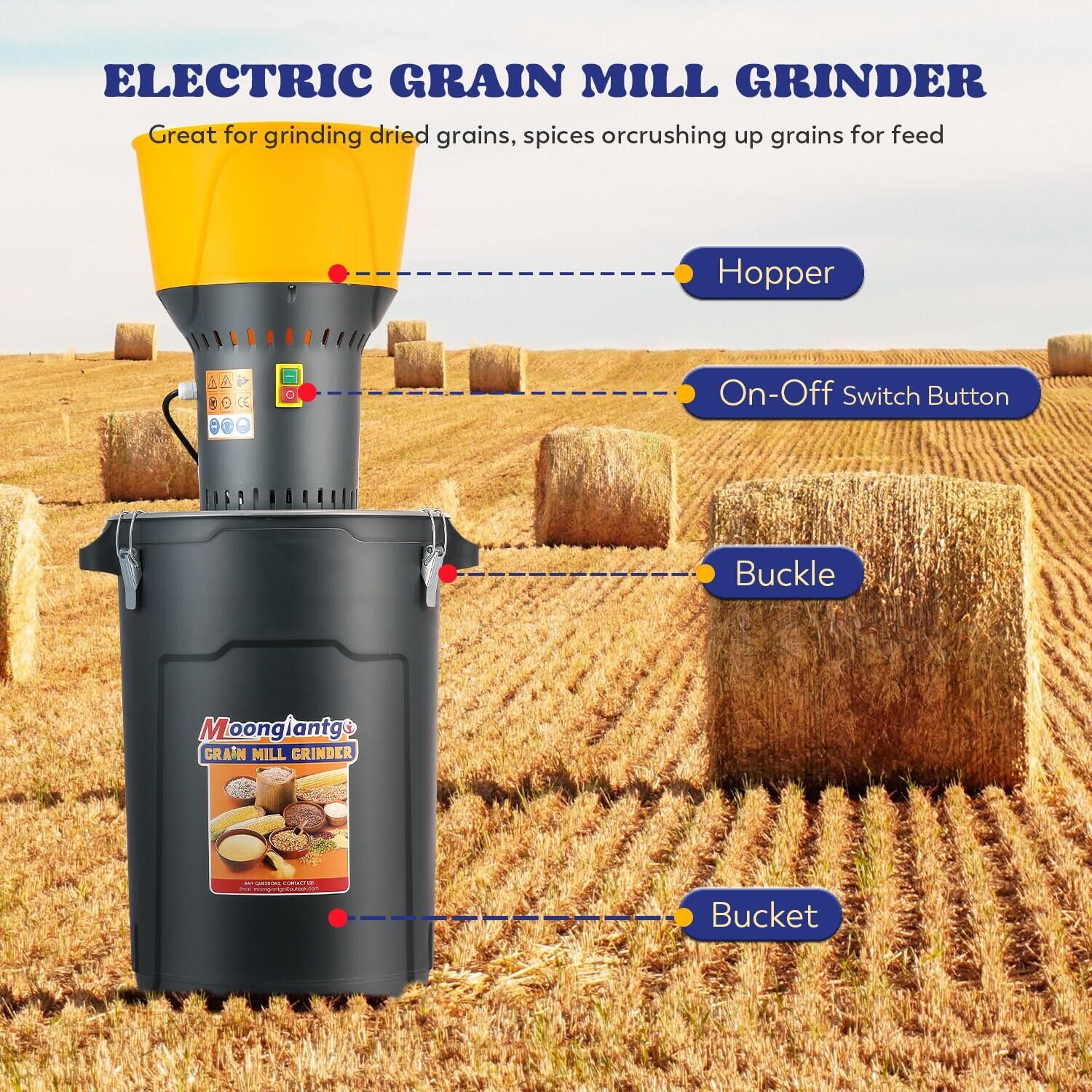 Molino de grano eléctrico de 15.8 galones molino de maíz eléctrico de 1300 W para cereales secos con 7 tamices + 1 llave de vaso + 1 bolsa de tela + 1 pala, cubo y tolva desmontable de 60 4