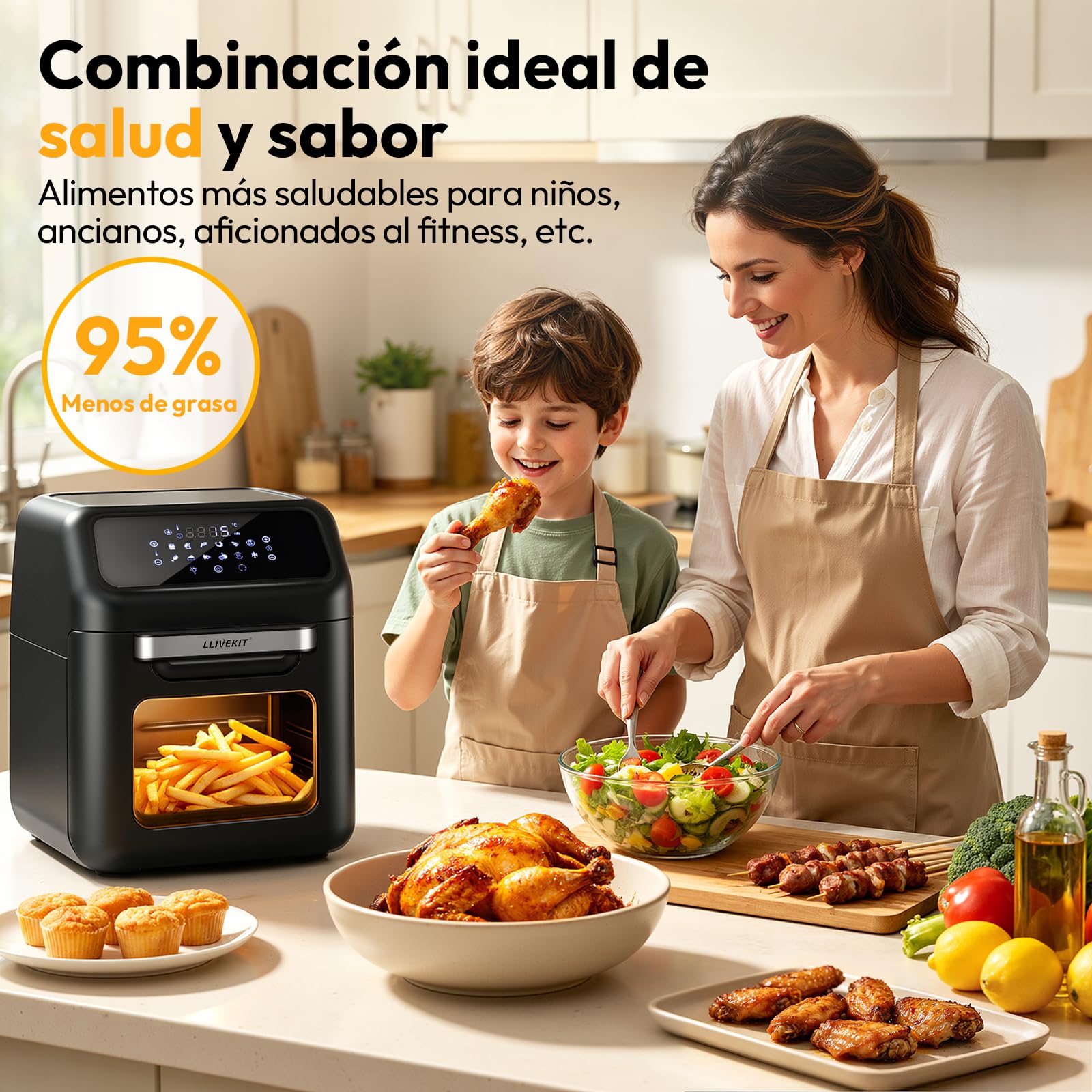 LLIVEKIT Freidora de Aire Caliente 12 L, Horno de Aire Caliente, Mini Horno de 1800 W, Freidora de Aire Sin Aceite 12 en 1 con Pantalla LED Digital, Deshidratador de Frutas, Barbacoa