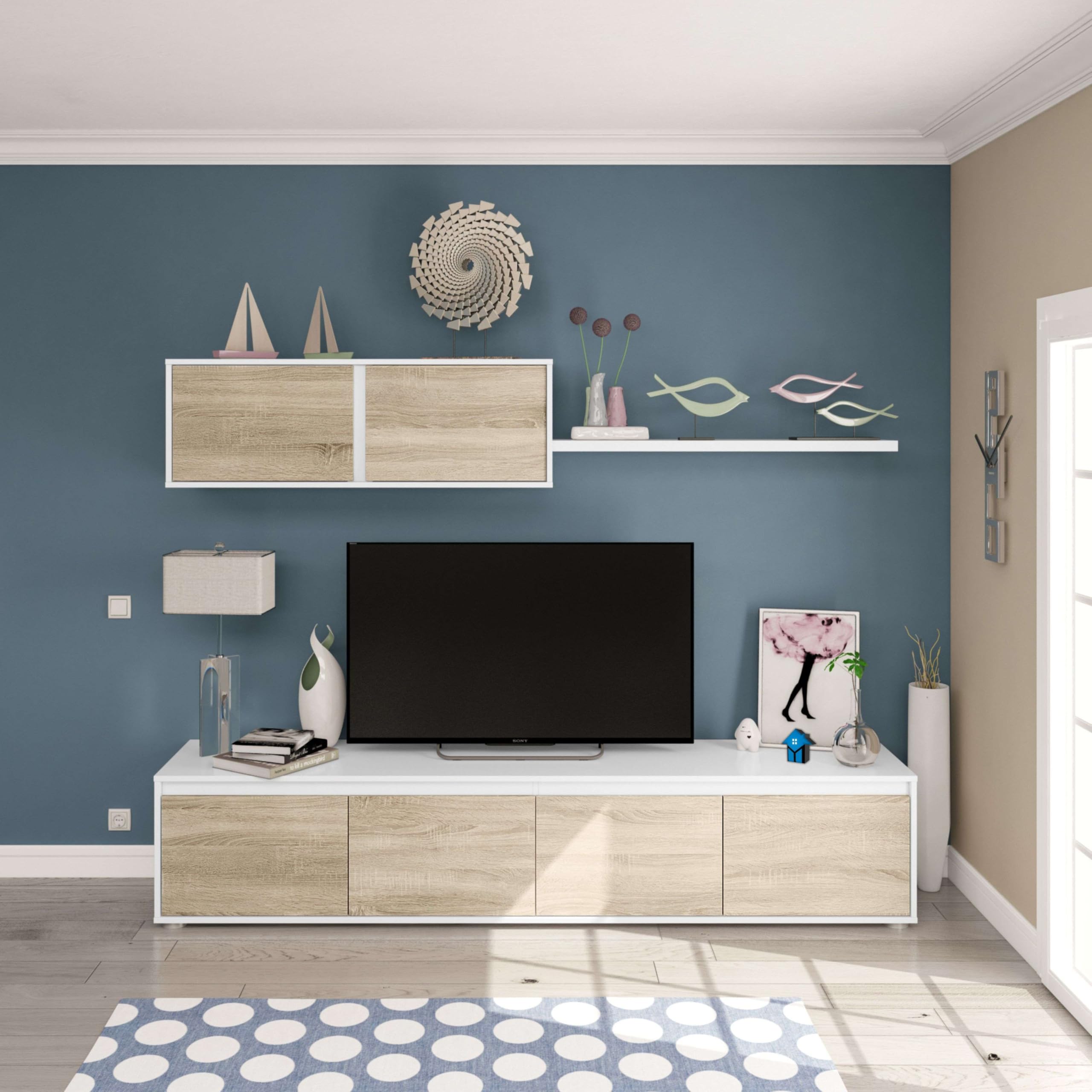 Distrimobel Saetabis Vanilla A10 Parete Giorno, 200 x 41 x 43 H Cm, Rovere, Bianco, Melamina, 10 x 52.5 x 211 cm