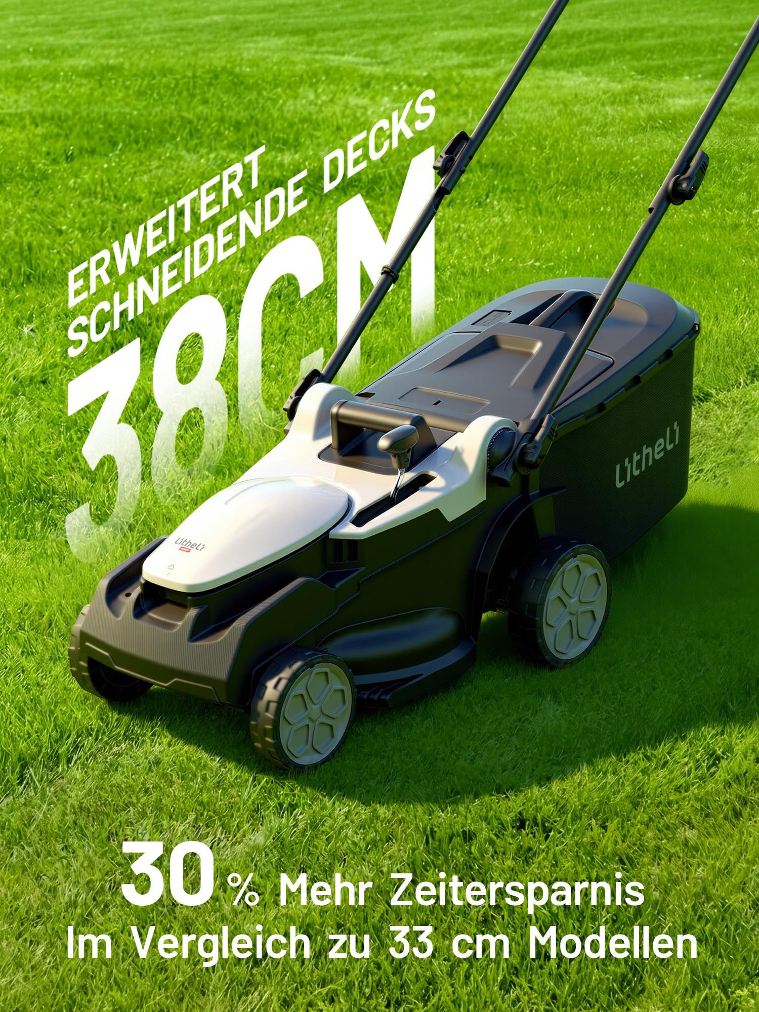 Litheli Akku Rasenmäher, 2 x 20V, 38cm Schnittbreite, Brushless, bis 300 m², 40L Fangkorb, 25-75 mm Schnitthöhe, Rasenmäher Akku inkl. 2 x 4,0 Ah Akkus