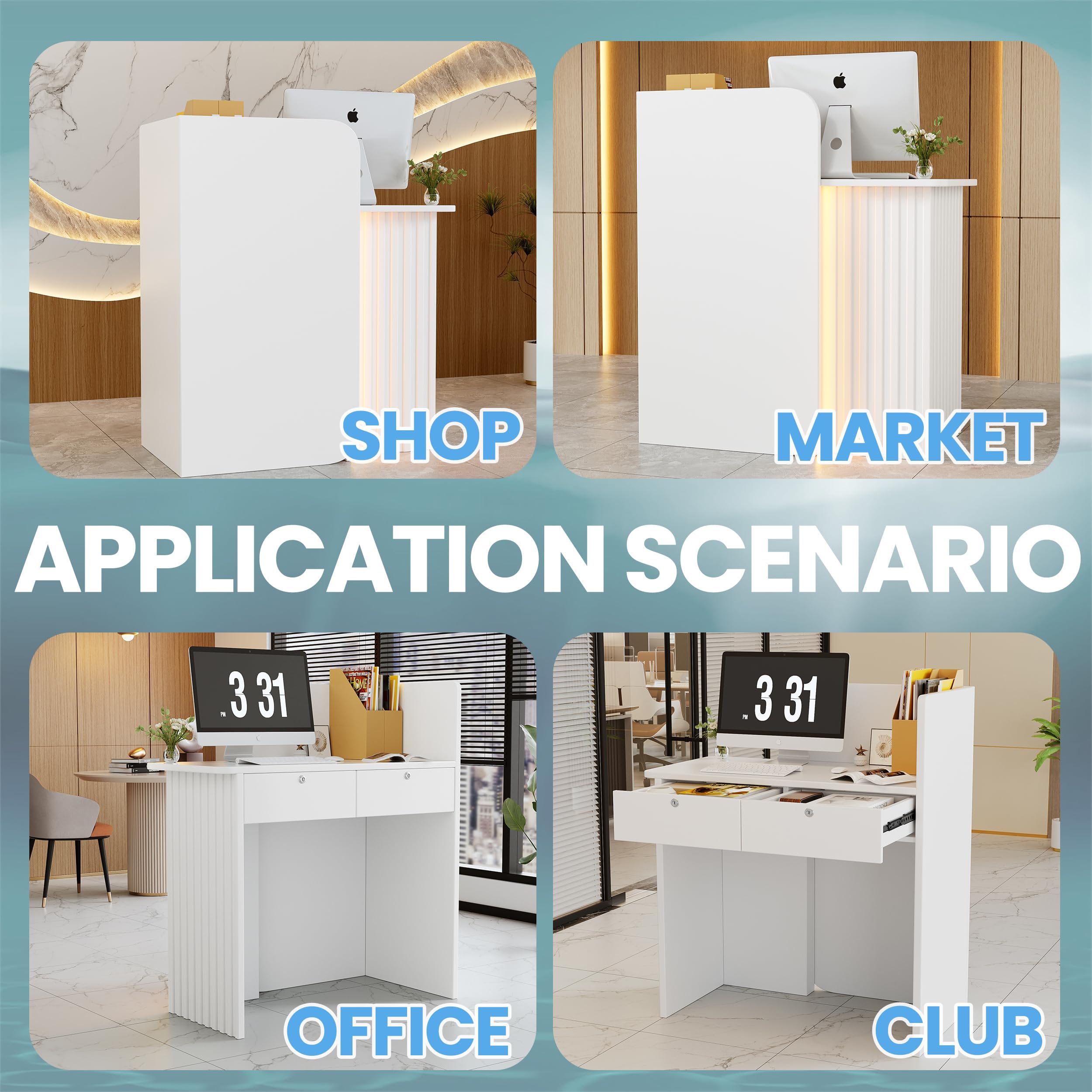 MSFE Mostrador de Recepción con iluminación LED Compacto Escritorio de Recepción Pequeño Mueble de recepción con Cajón con Cerradura Mostrador de Venta Moderno Mostrador de Tienda Blanco 44x80x100CM