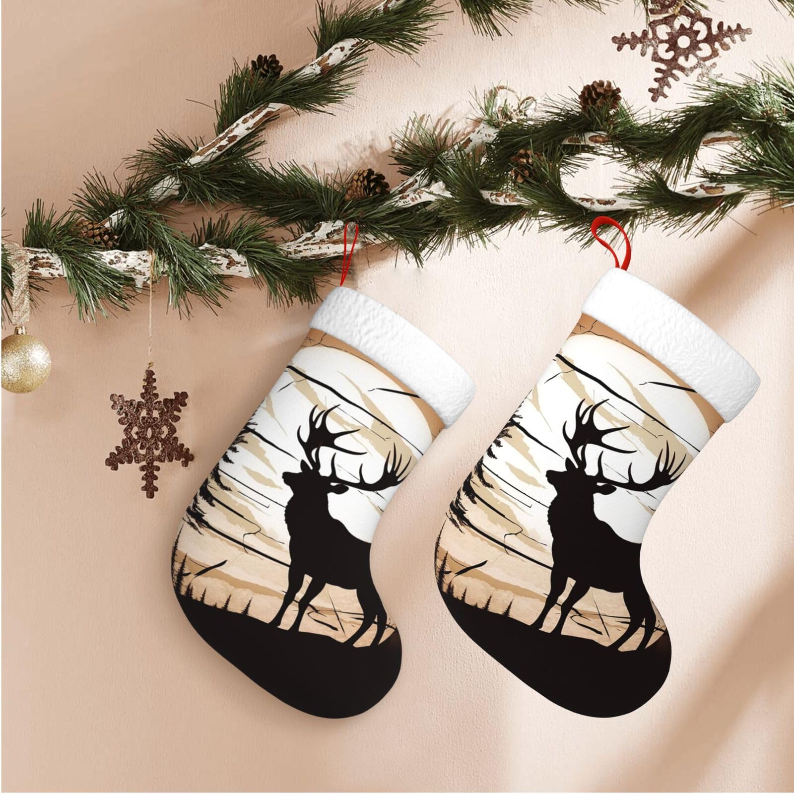 Wild Elk Silhouette Christmas Stockings Velvet Xmas Fireplace Hanging Stocking with Plush Cuff Rustic Christmas Santa Stockings for Home Christmas Decorations Party Favor Supplies