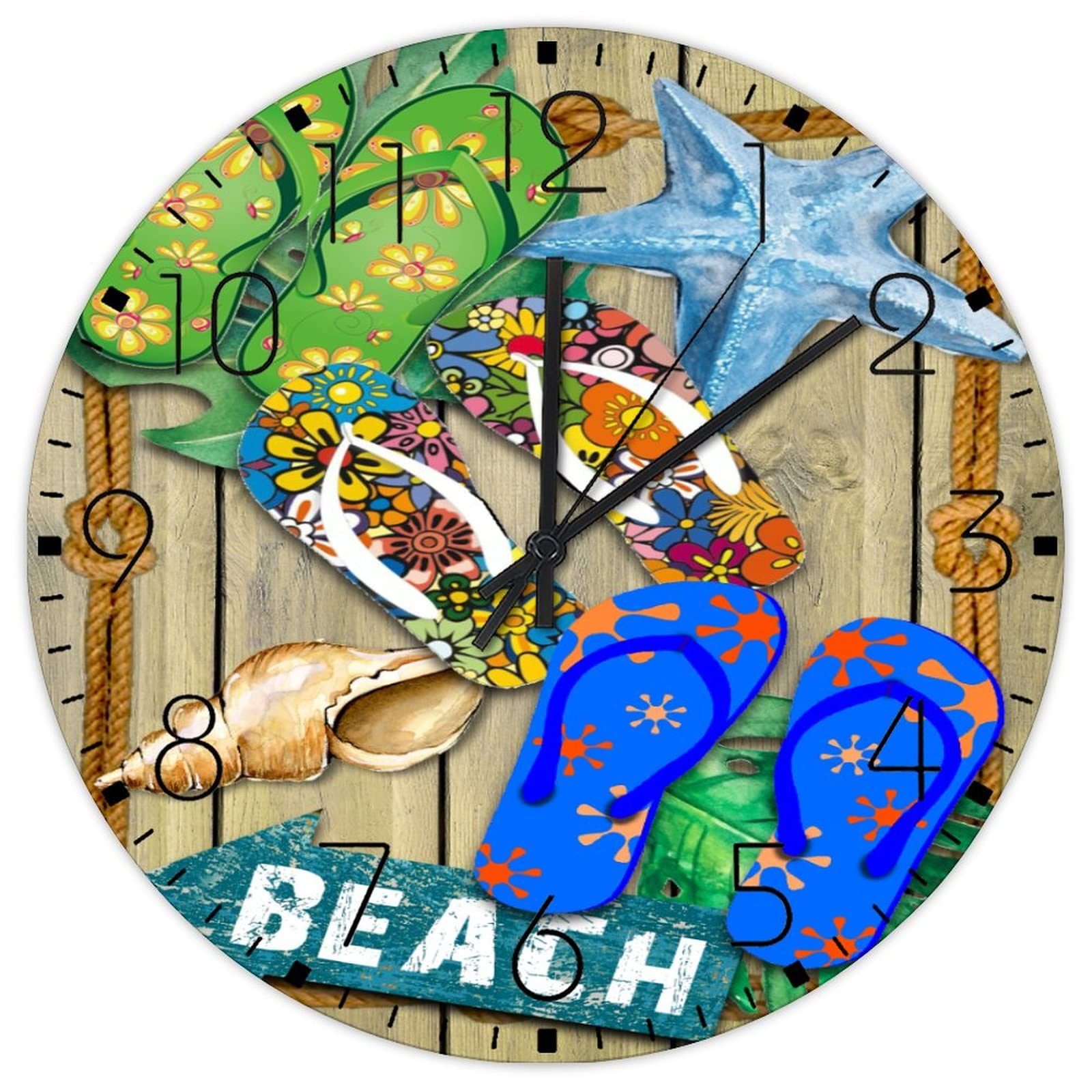 Horloge murale ronde silencieuse en bois style bord de mer pour salon