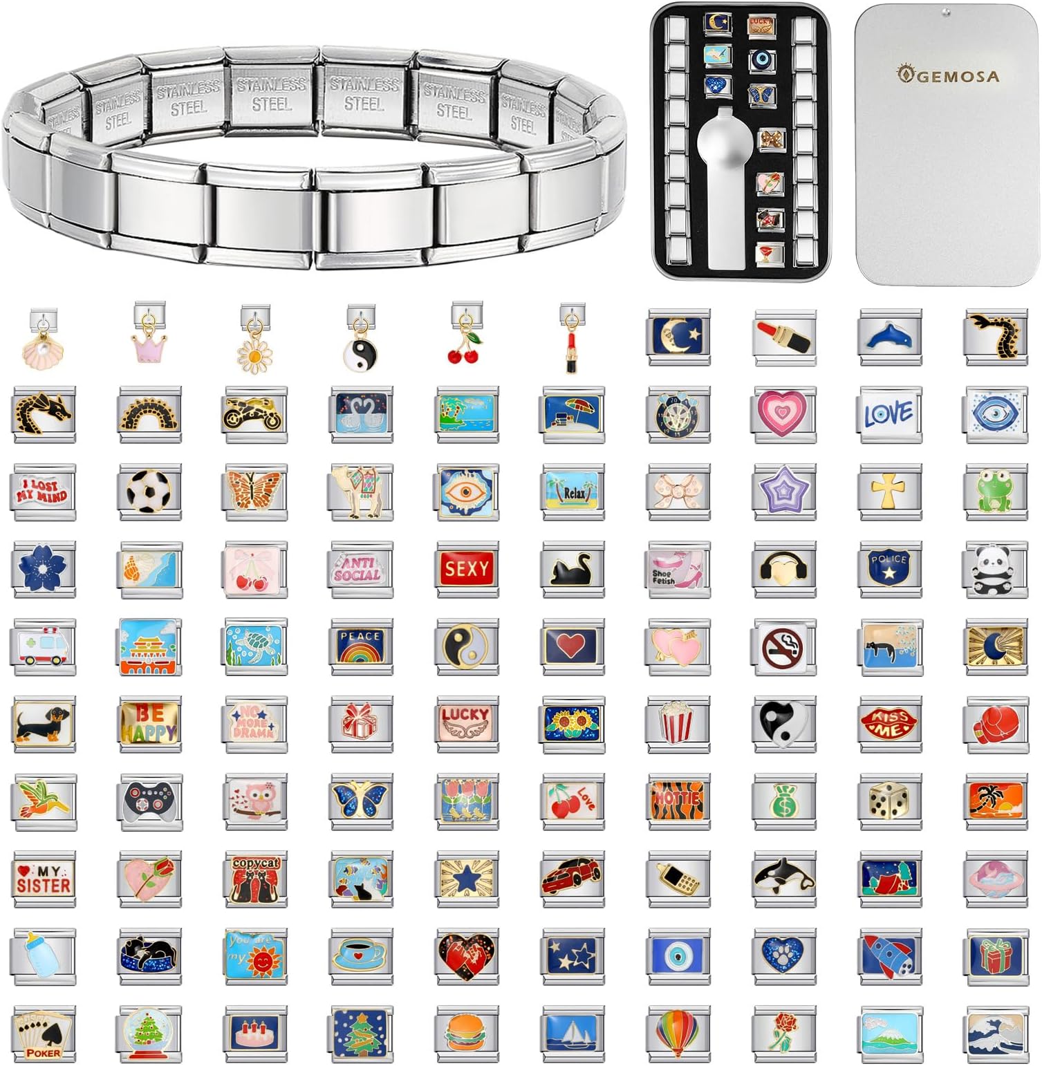 Custom Italian Charm Bracelet - 10 Personalized Charms, Stainless Steel, Silver, 6.75' Adjustable Link Bracelet with Tool - Moon, Star, Animals, Heart, Flowers & More