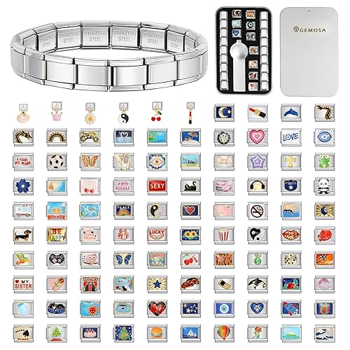 GEMOSA Custom Italian Charm Bracelet - 10 Personalized Charms, Stainless Steel, Silver, 6.75' Adjustable Link Bracelet with Tool - Moon, Star, Animals, Heart, Flowers & More