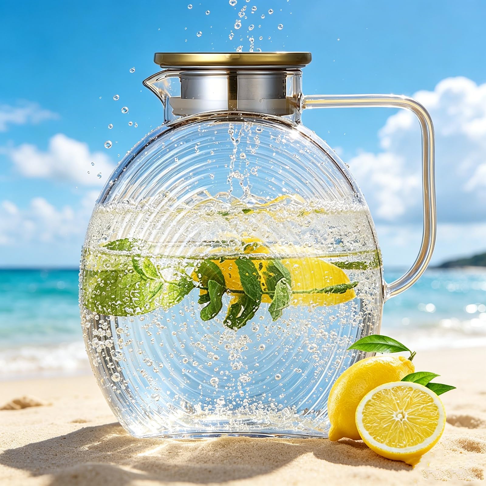 Jarra de agua de 2,2 litros de vidrio de borosilicato, jarra de agua con tapa de acero inoxidable, a prueba de fugas para bebidas caseras/café/leche/té helado/vino/jugo