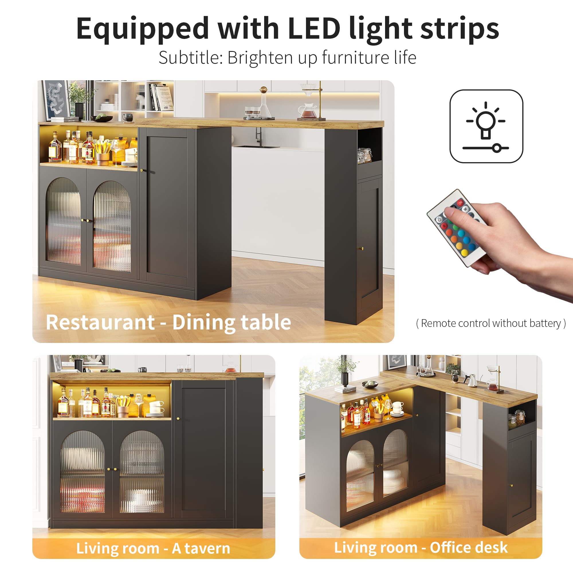 Credenza Moderna Girevole 360° con Luce LED, Vetro Changhong - Multifunzione: Mobile Bar, Cantinetta Vini, Scrivania Legno, Angolo Caffè - Nero Opaco/Venatura Legno 197x40x100 cm