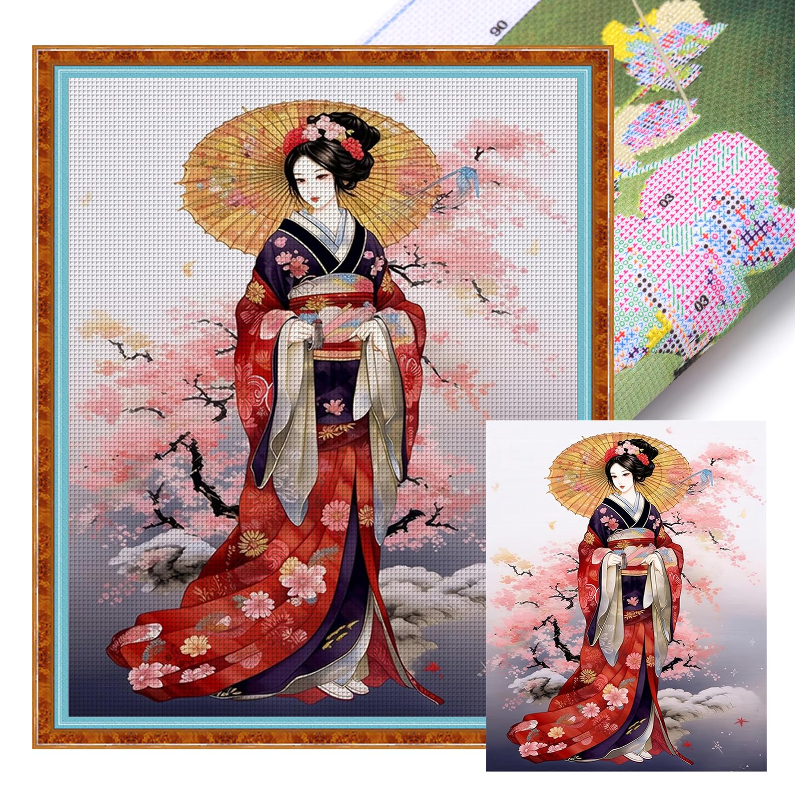Japanese Geisha Full 11CT 3 Strands DIY Stamped Cross Stitch Kits for Beginners Adults Home Wall Decor Needlework Embroidery Kit 40x50cm