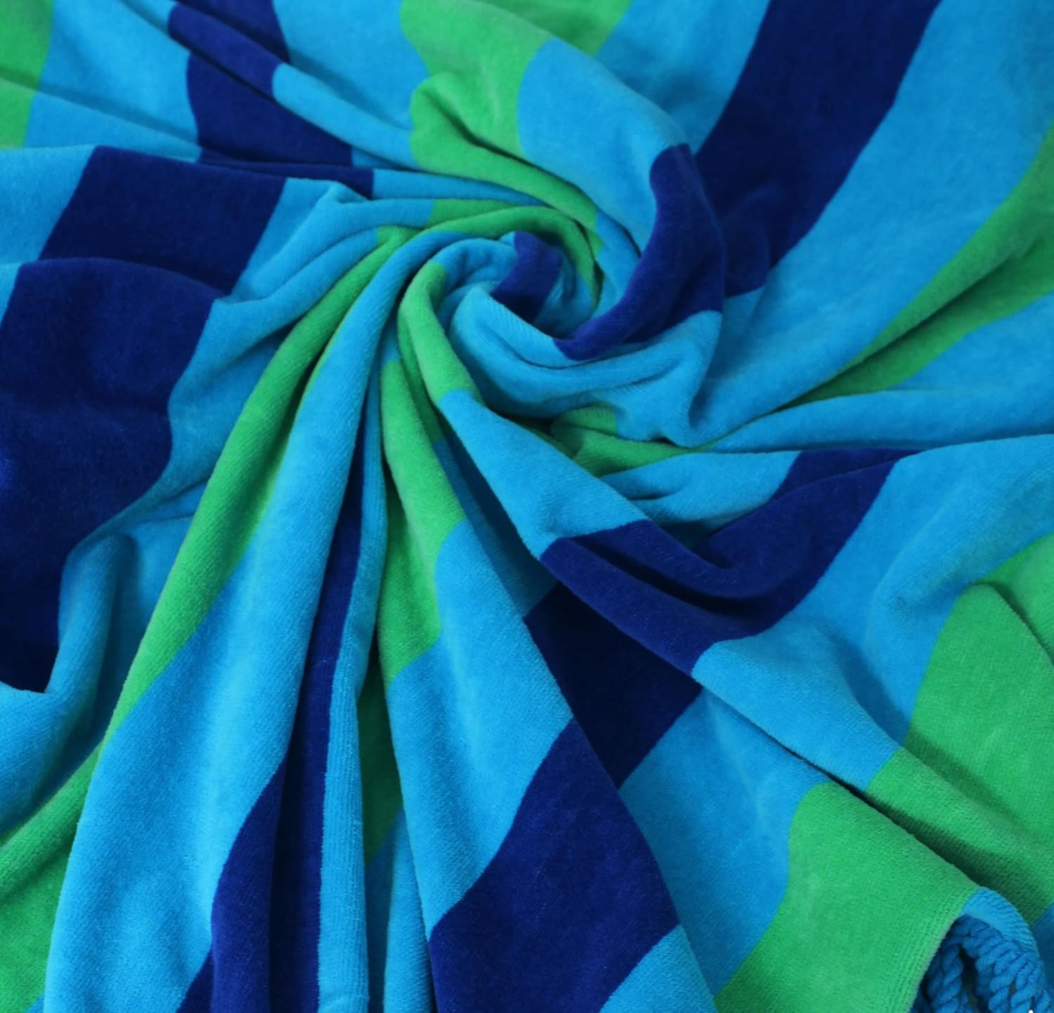 COTTON CRAFT Round Beach Towel Blanket - 100% Cotton Plush Jacquard Velour 5 Foot Pool Picnic Towel Yoga Meditation Mat - 60 Inch Circular Beach Blanket Throw with Fringe - Cabana Stripe Blue Green