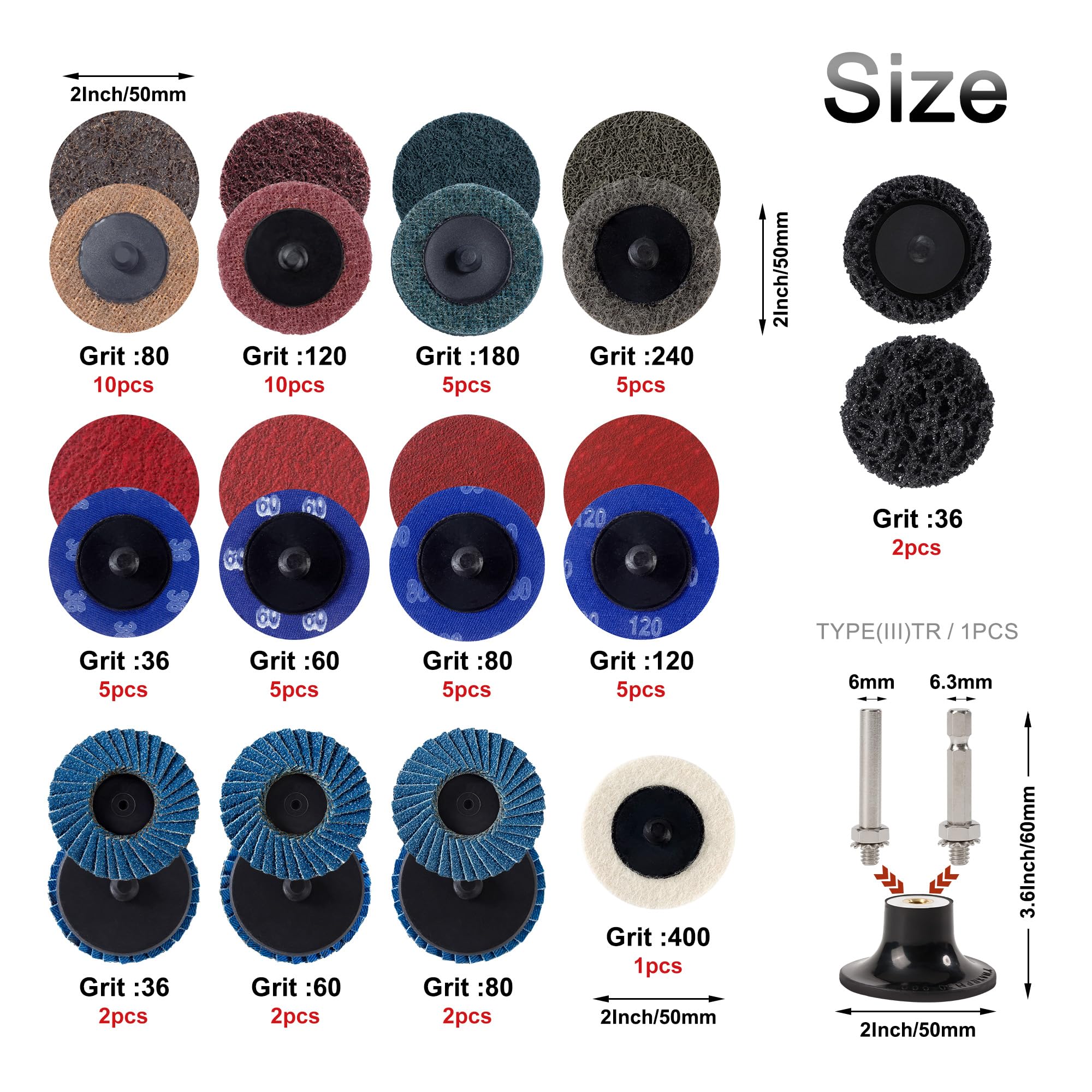 Set di 60 dischi abrasivi da 2 pollici a cambio rapido con supporto per gambo da 1/4" adatto a vari dischi di blocco per smerigliatrice ampiamente utilizzati per condizionamento superficiale,