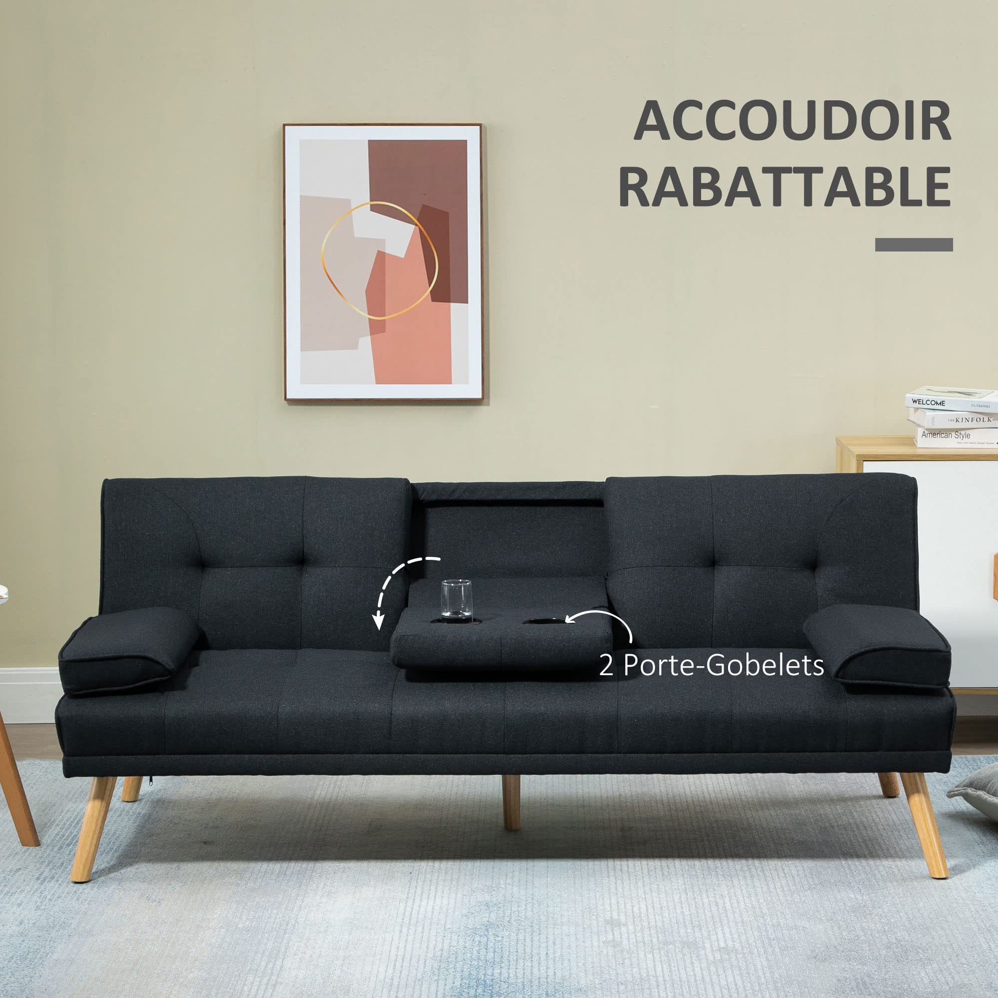 HOMCOM Canapé Convertible 3 Places, canapé-lit rembourré avec Dossier réglable 3 Niveaux, 2 Coussins et 2 Porte-gobelets intégrés, Tissu de Lin, pour Salon, Chambre d'amis, Petit Espace, Gris