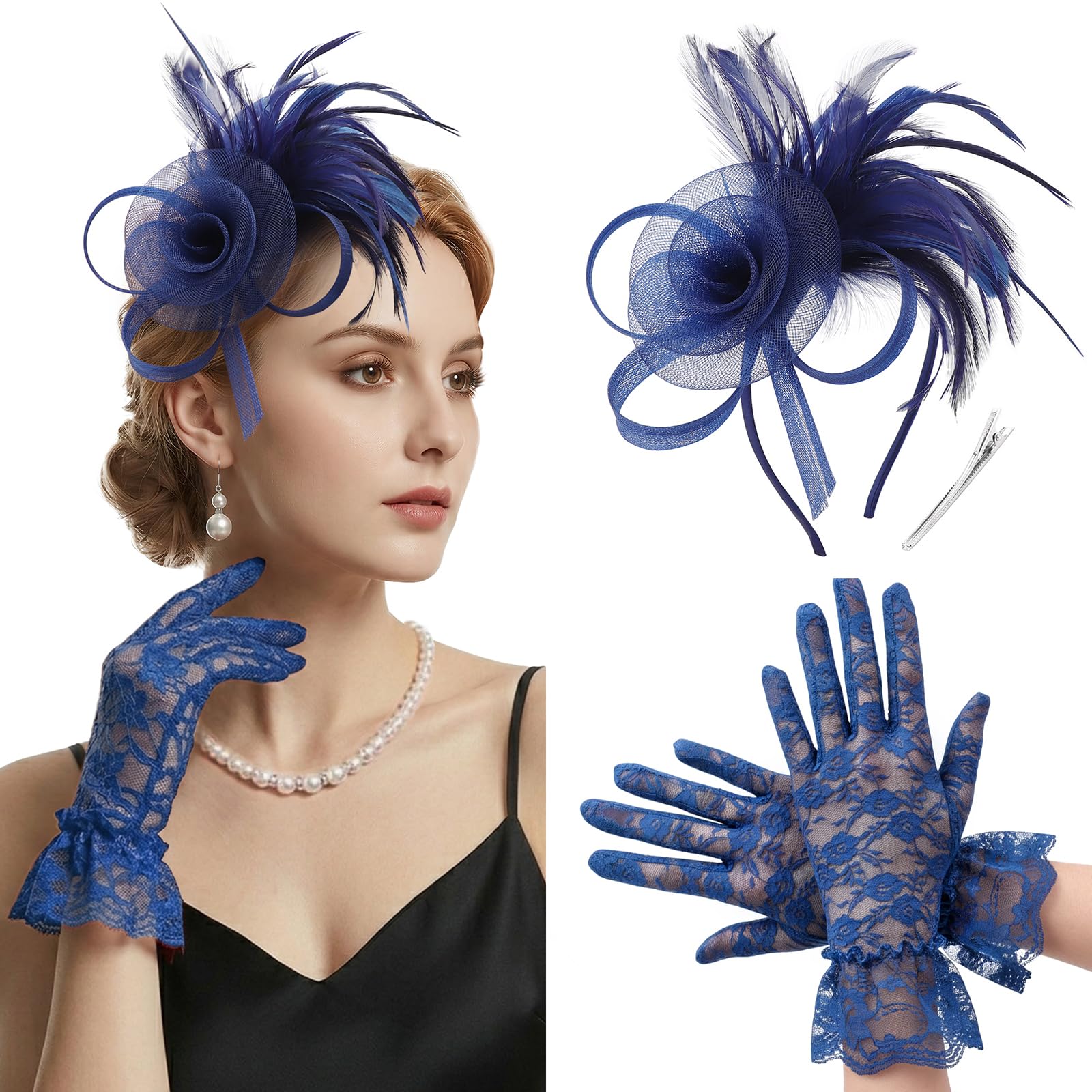 DRESHOW Fascinators Hats for Women Tea Party Gloves Set Tulle Derby Fascinators and Short Lace Gloves for Cocktail Church