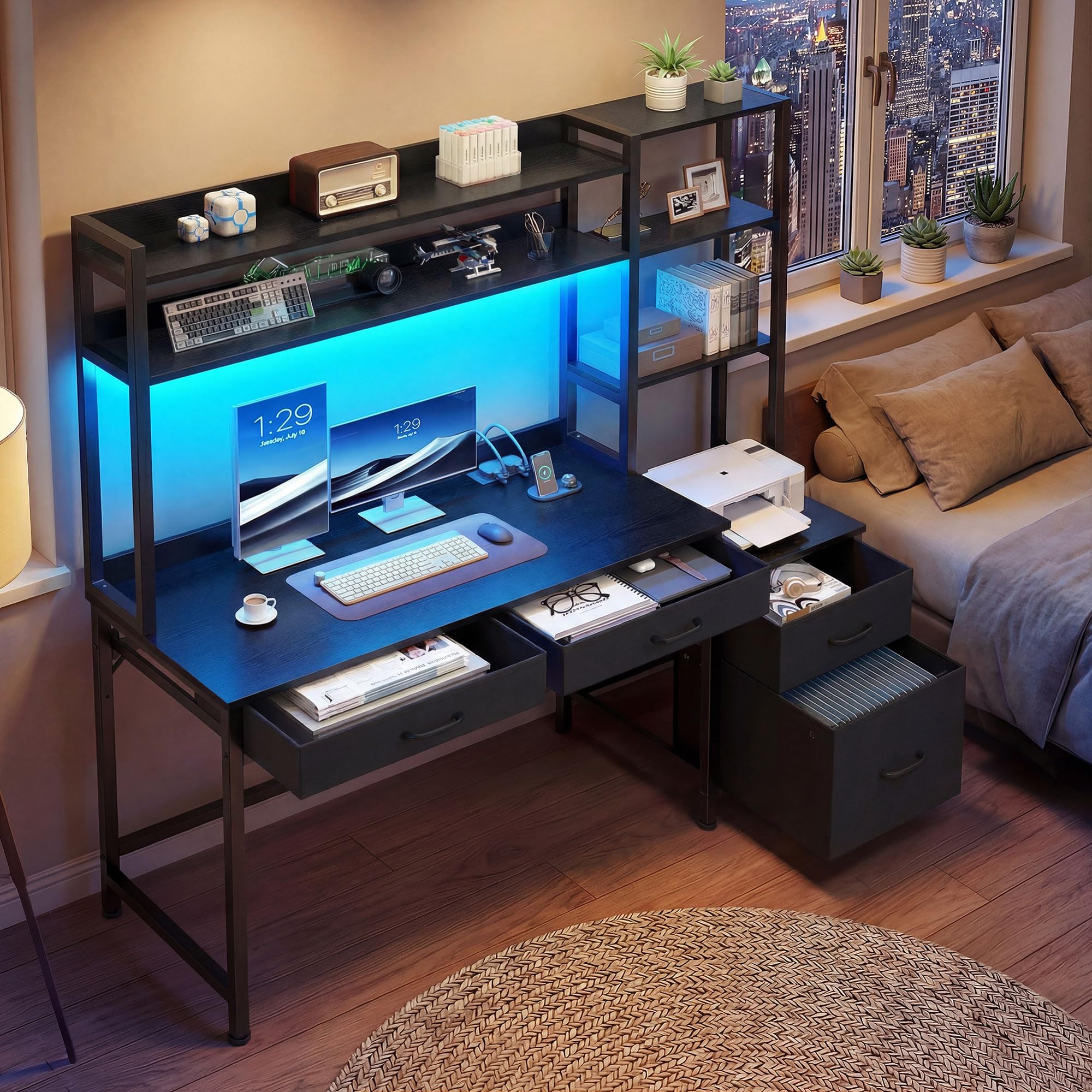 YITAHOME Bureau d'ordinateur avec tiroirs 150cm Gaming LED USB Prise Noir