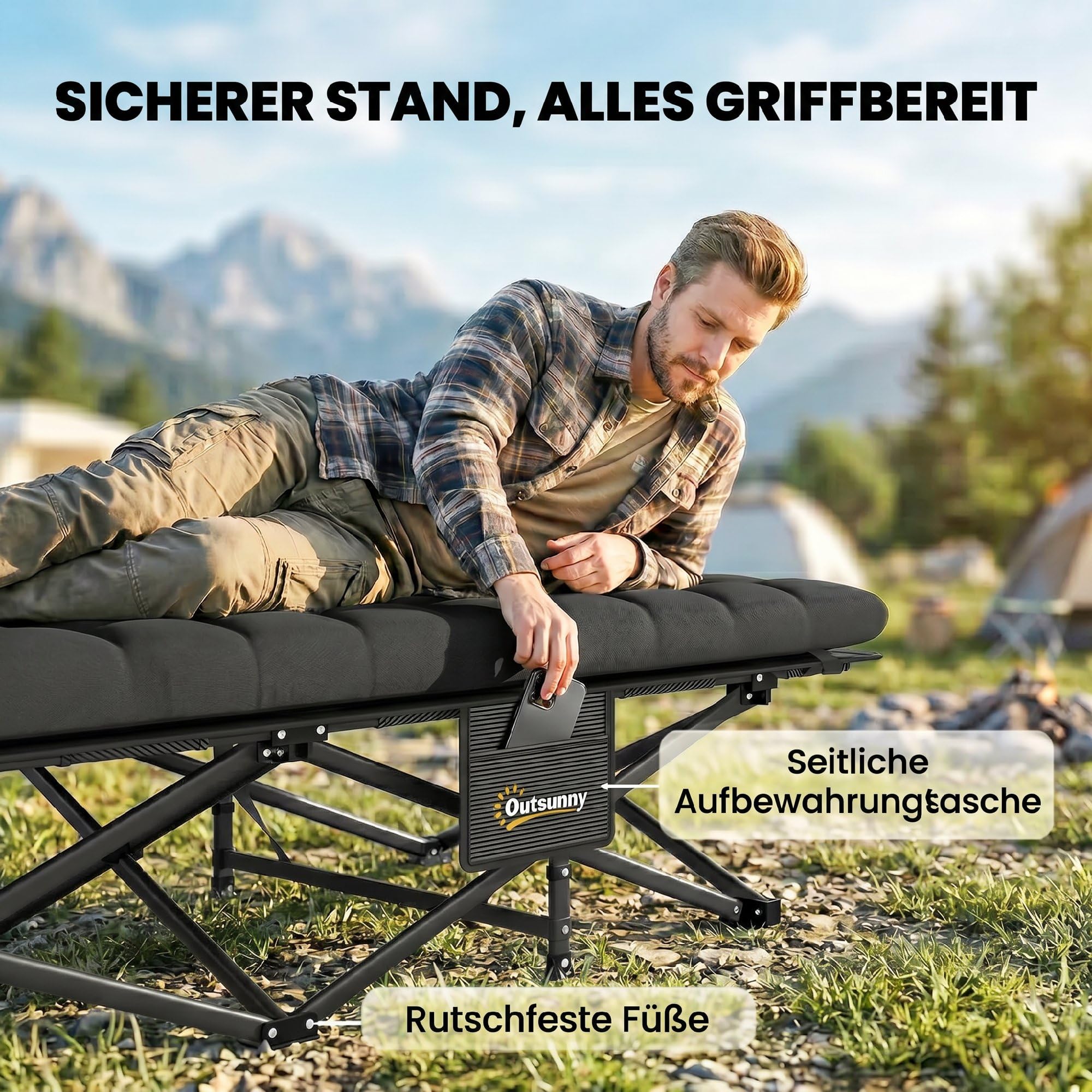 Outsunny Lit de camp pliable avec sac de transport - 200 x 80 x 40 cm - Charge maximale : 200 kg - Pour adultes - Pour l'intérieur, l'extérieur, le jardin, le camping, les voyages - Noir