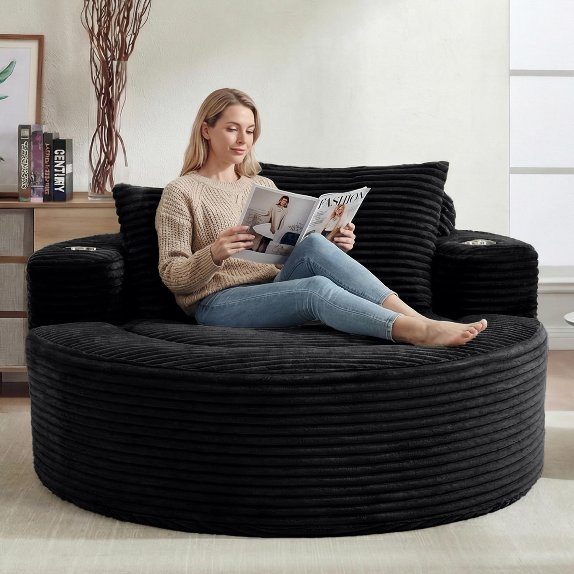 Oversized Round Chair Lounge Chaise Indoor, 55.5" Upholstered Corduroy Deep Seat Single Cloud Sofa Chair with Cup Holder, Modern Large Circle Boneless Sleeper Sofa for Living Room, Black