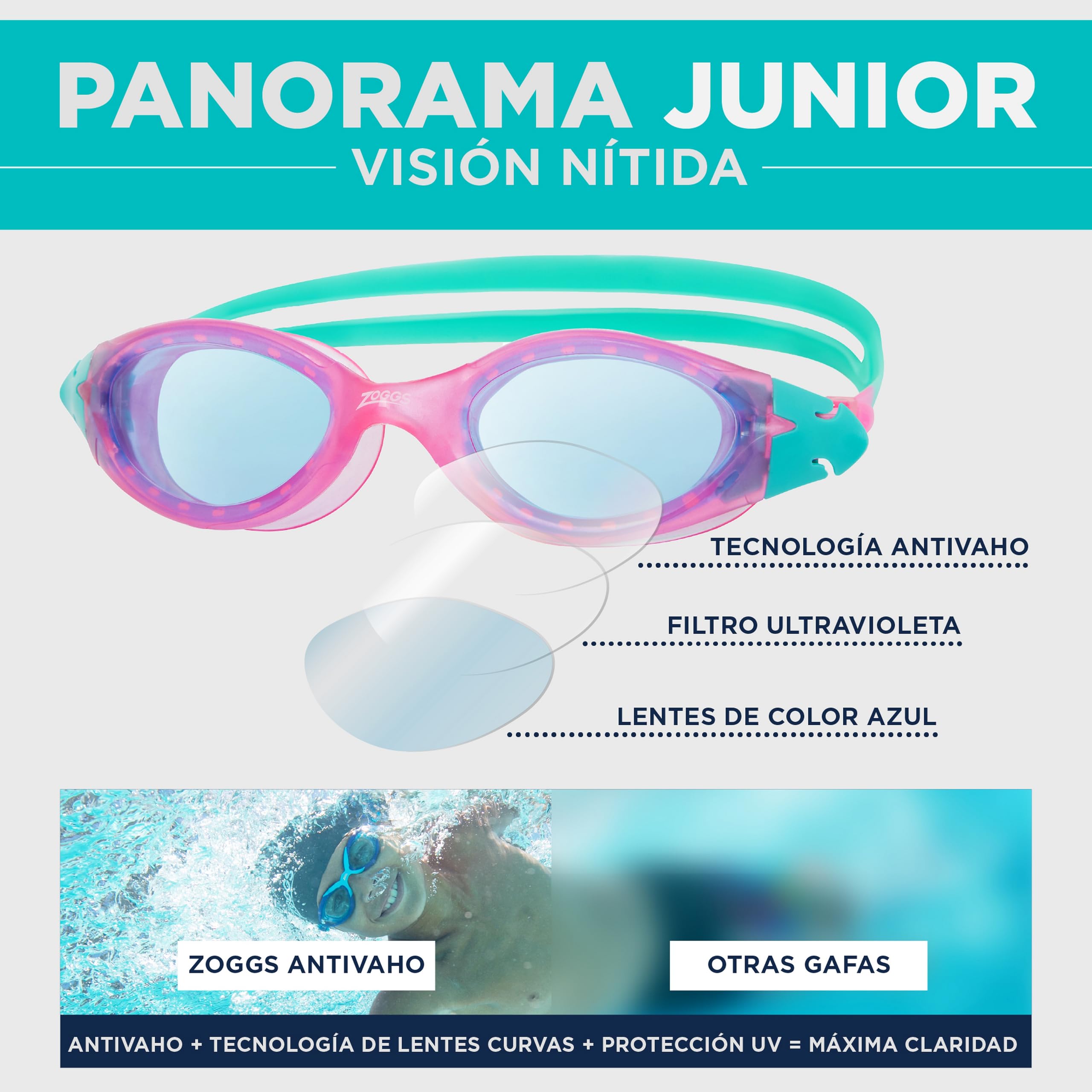 Zoggs Panorama Junior Gafas de Natación para Niños – Gafas de Piscina para Niños Antivaho con Protección UV Tintada, Sello Antifugas y Visión Amplia