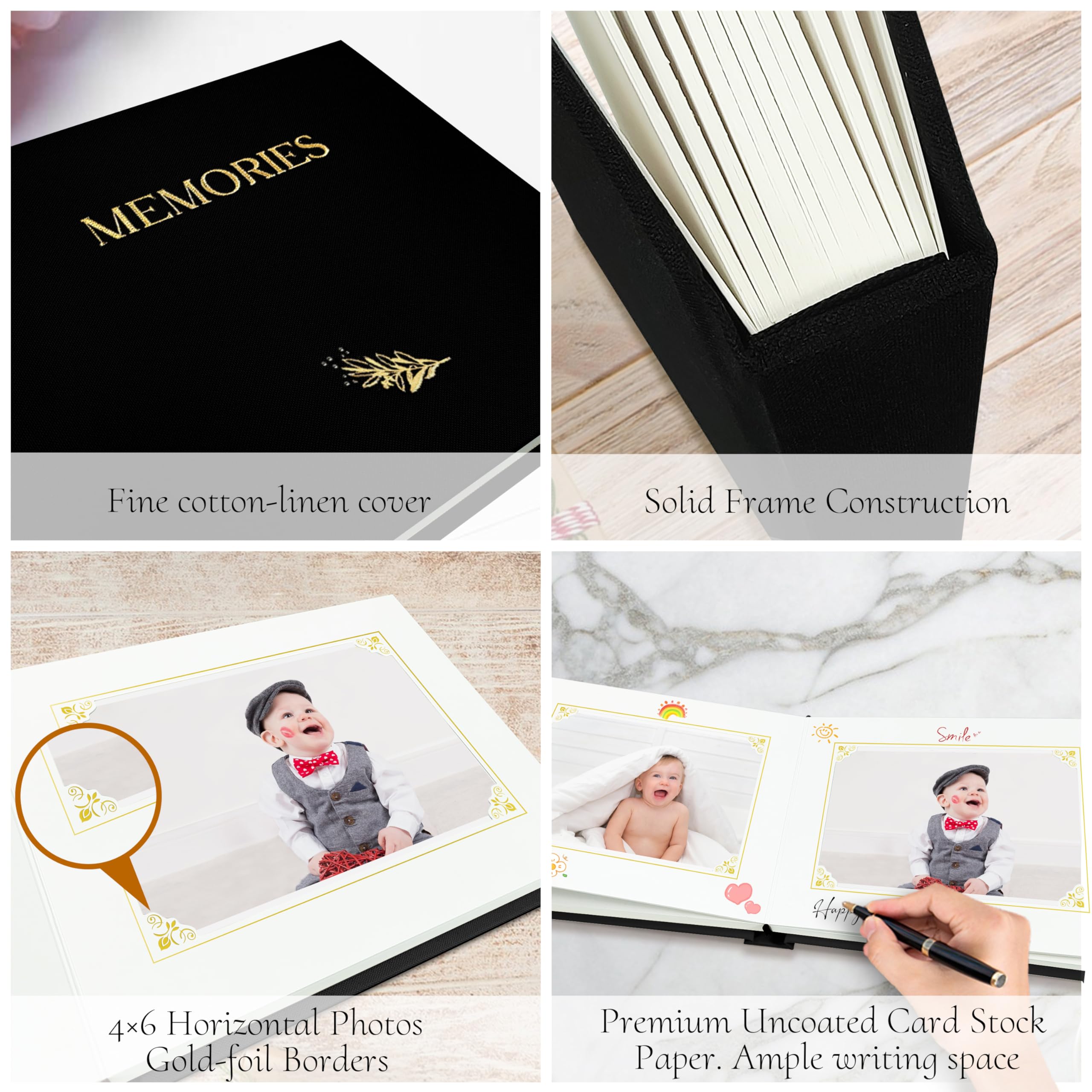 Álbum de fotos pequeño de 4 x 6 pulgadas con espacio para escribir, 20 bolsillos, cubierta de lino, libro de recuerdos, regalo para bodas, familiares y bebés (negro)