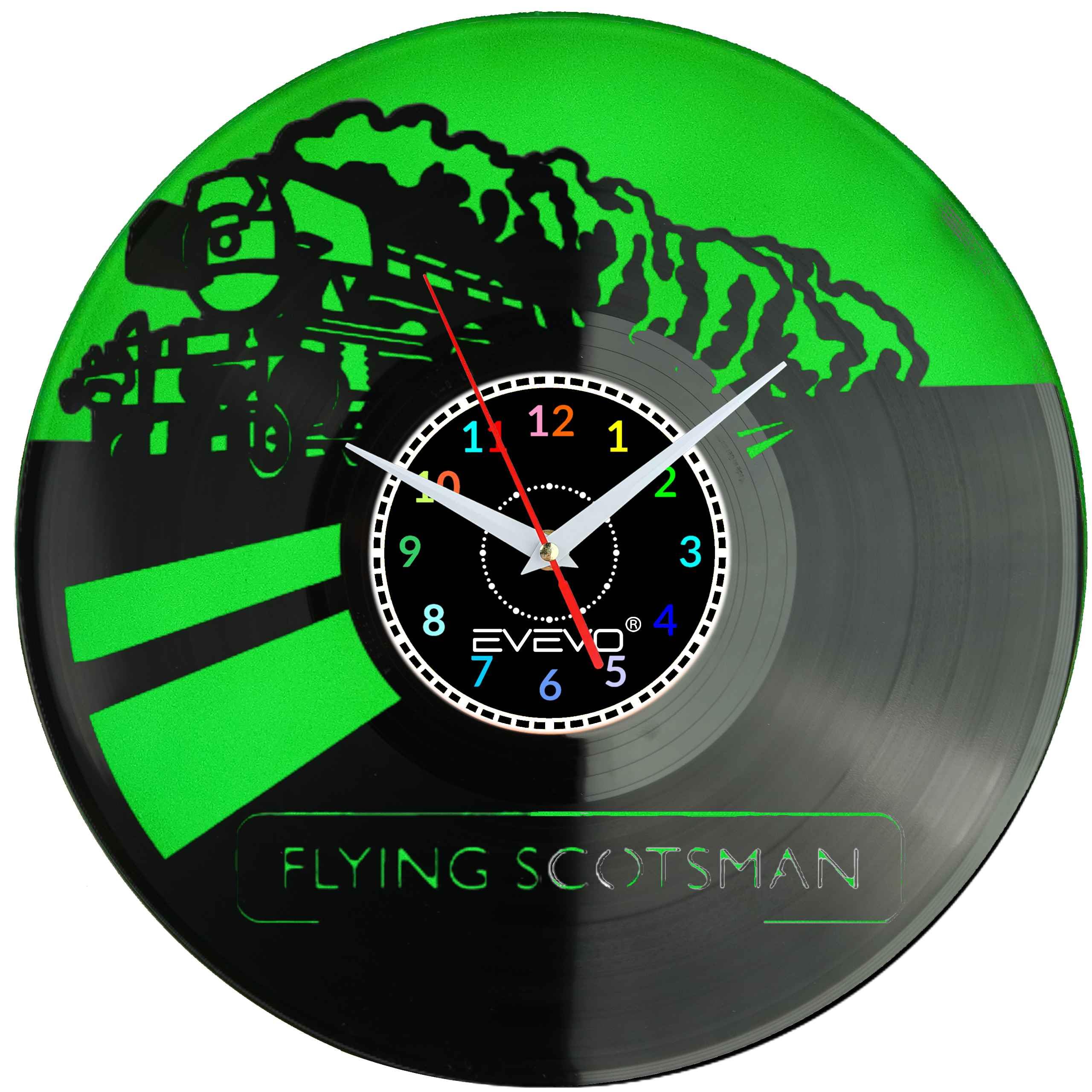 POCIĄG LOKOMOTYWA FLYING SCOTSMAN ZEGAR ŚCIENNY FLUORESCENCYJNE TŁO PŁYTA WINYLOWA PREZENT UPOMINEK URODZINY GIFT EVEVO F0053