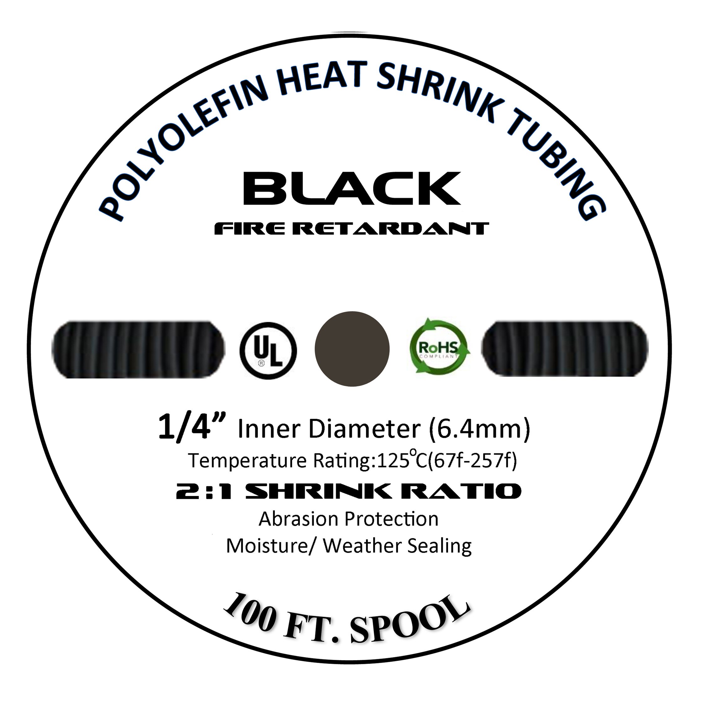 225FWY 100 FT 1/4" 6mm Polyolefin Black Heat Shrink Tubing 2:1 Ratio