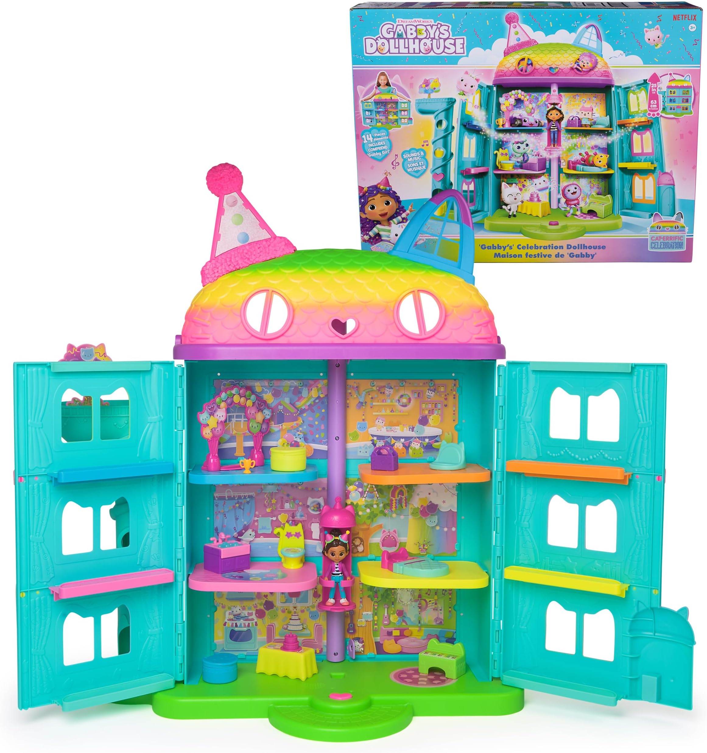 14 Pc Celebration Dollhouse, 25-Inches Tall, with Toy Figures, Doll House Furniture & 10 Sounds, Kids Toys for Girls & Boys Ages 3+