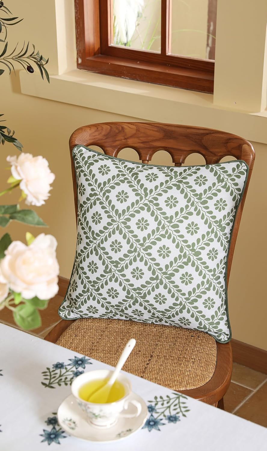 ISAENNE Design Fresh Linen Square Throw Pillow Covers 18"x18" Pack of 2, French White Cottage Cushion Covers with Green Branches Pattern Decoration Pillowcases for Bed,Living Room,Outdoor,Car