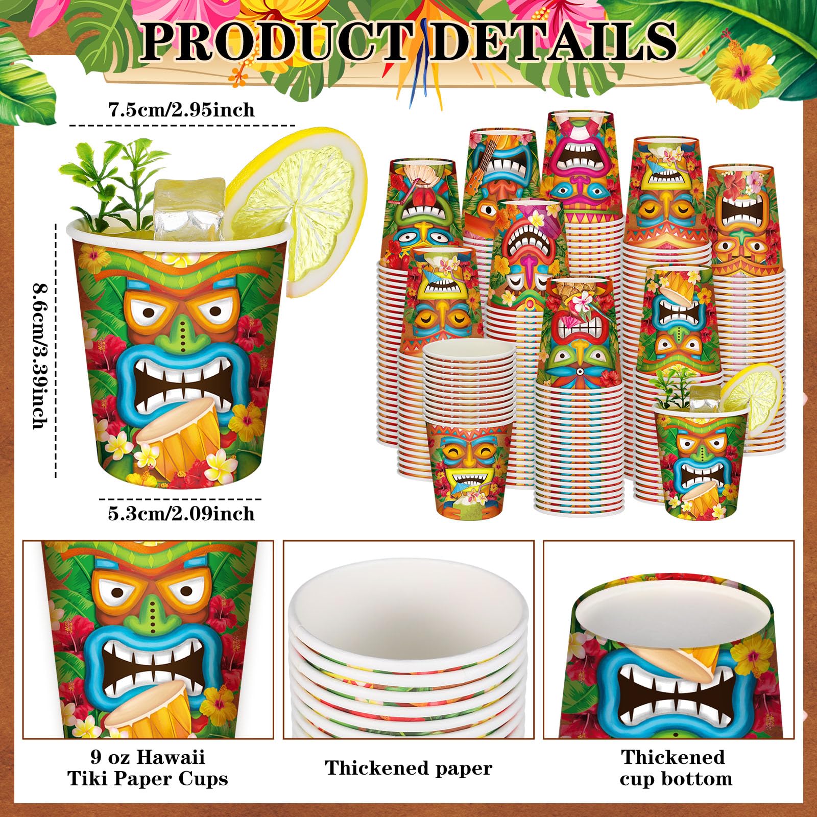 Yungyan 100 vasos de papel Luau desechables de 9 onzas, vasos de papel hawaianos Tiki tropical, Aloha Luau, decoraciones de fiesta de verano para verano, Tiki, playa, piscina, suministros de fiesta