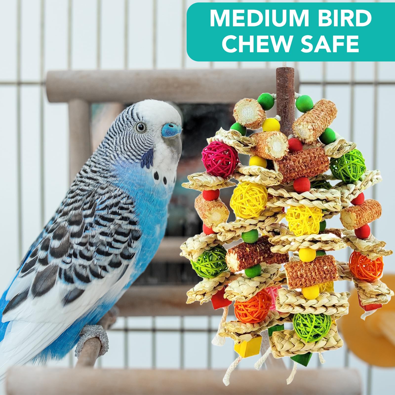 Parrot Chew Toy, Natural Material Bird Foraging Toy for Conures, Quaker Parrots, Medium-Sized Birds - Colorful Hanging Shredding Toy with Woven Ball, Corn Cob and Wooden Beads - image 3