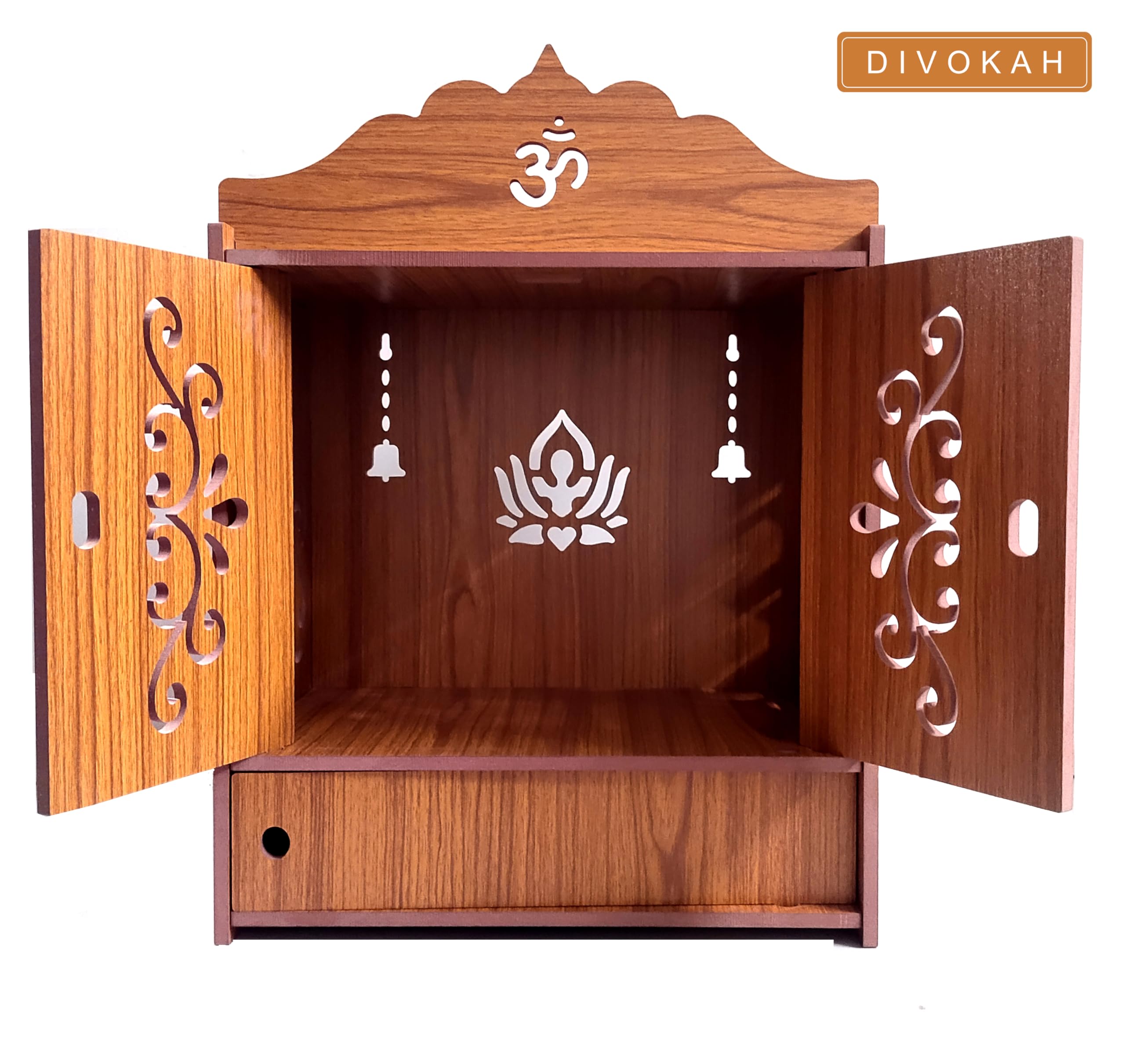 DIVOKAH Beautiful Wooden Pooja Mandir for Home/Temple for Home and Office/Puja Mandir/Puja Stand/Pooja Mandapam (8 Mm Plywood Thickness) (2DOR WDN Lotus)