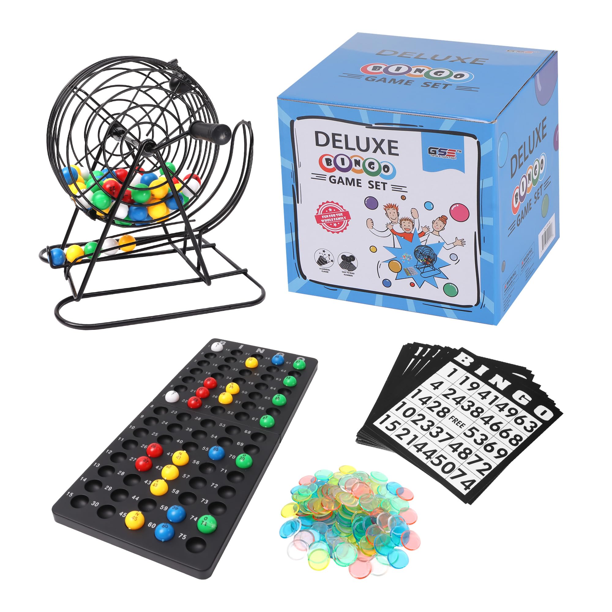 GSE Games & Sports Expert Deluxe Bingo Spiel Set mit Stahlkäfig, Master Board, 75 Bälle, 300 Chips, 50 Bingo Karten für Freundespartys, Spieleabend