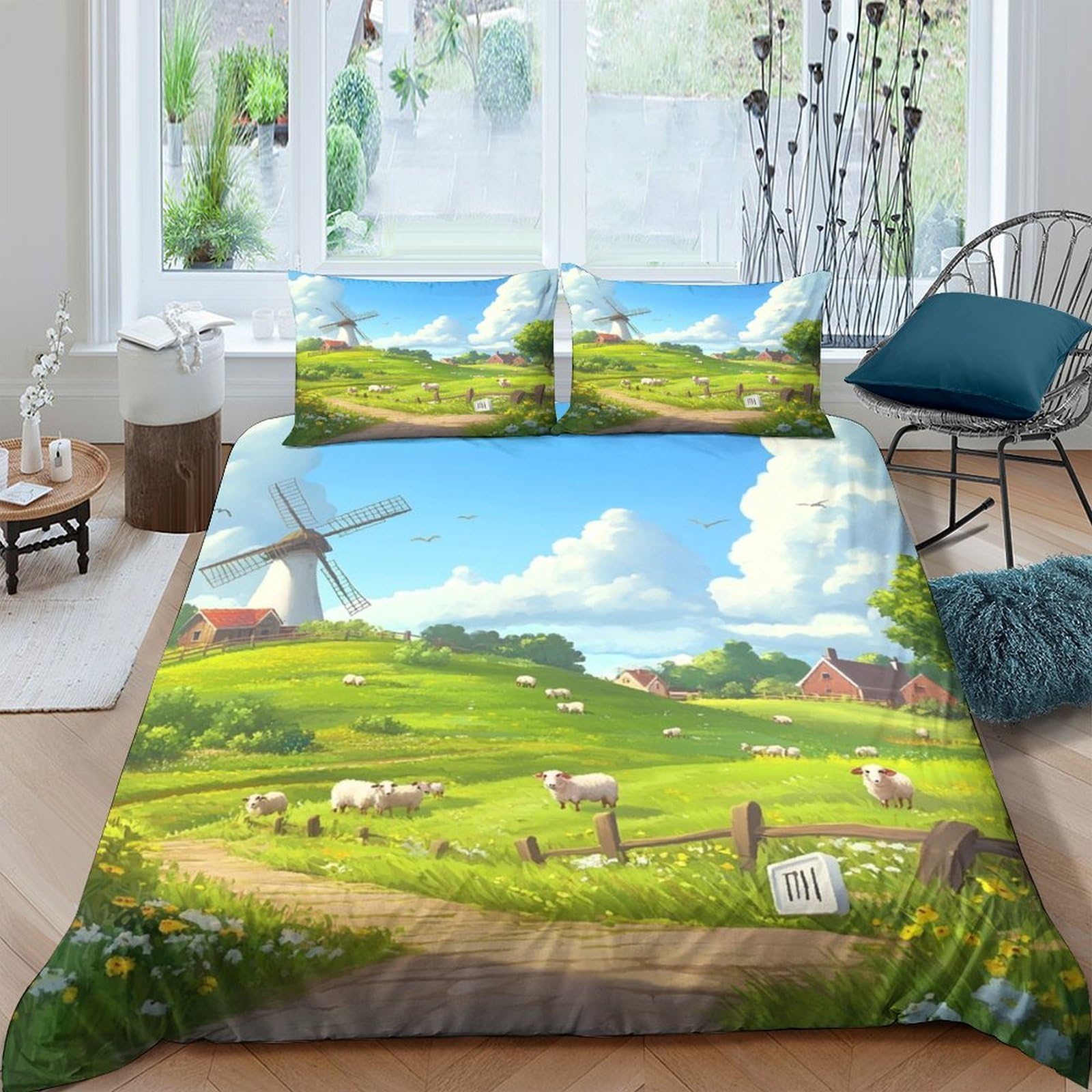 Ctjqhvkz Style-9 3D Printed Green Pastoral Scene Fitted Sheet Microfiber Soft Farm Landscape Bed Cover For Bedroom Guestroom Decor Single（135X200cm）