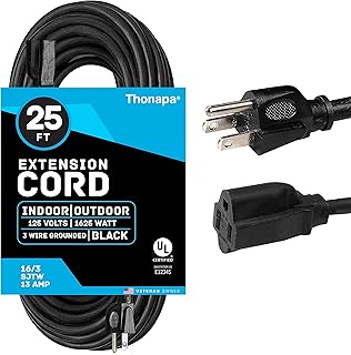 Thonapa 13 Amp Outdoor Extension Cord 25 ft, 16/3 SJTW 25 Foot Black Extension Cord 3 Prong, Weatherproof Exterior Power Cable for Outdoor Outdoor Lights & Lawn, UL Certified - US Veteran Owned