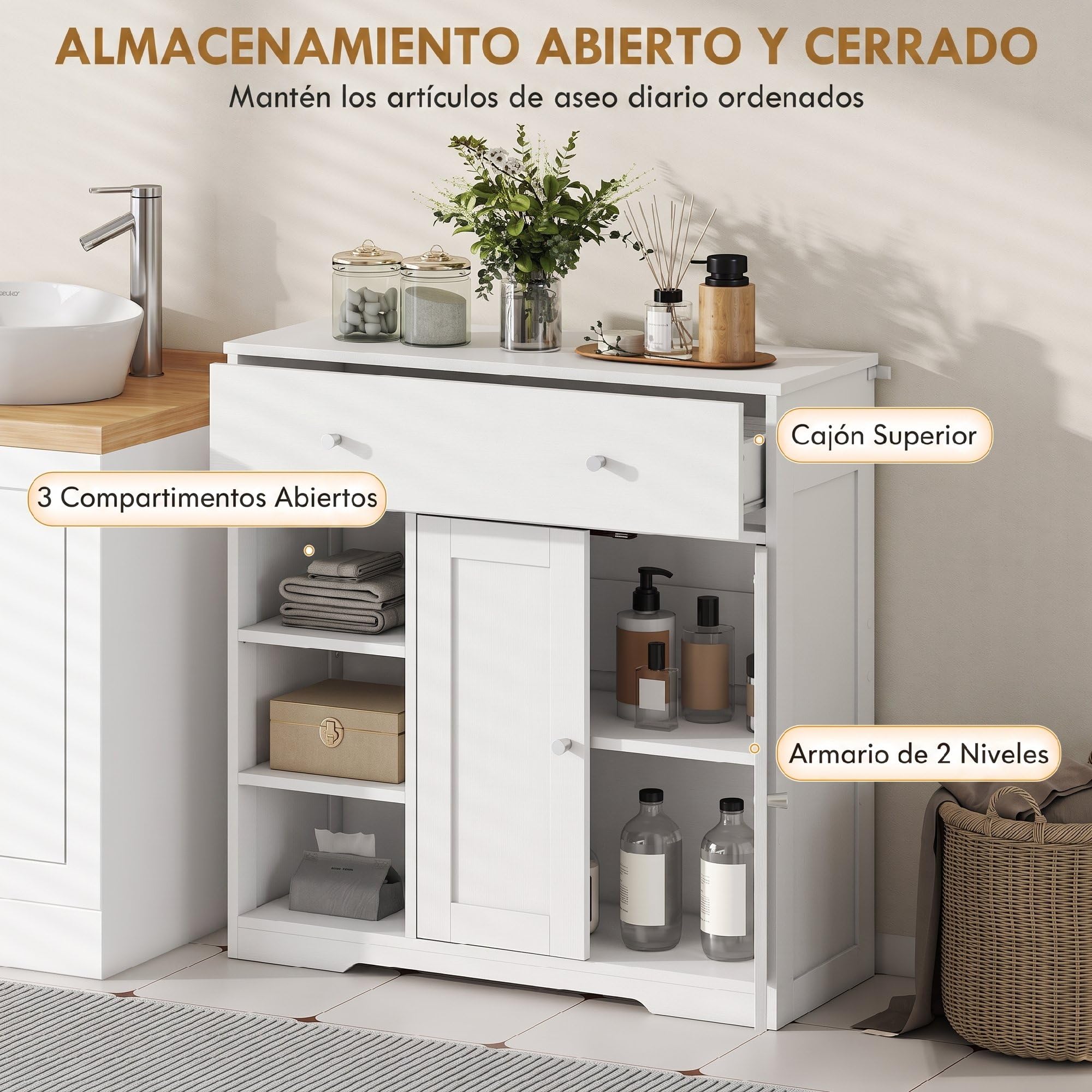 HOMCOM Armario de Baño Estrecho Ahorro Espacio 80x30x80,2 cm Blanco Veteado