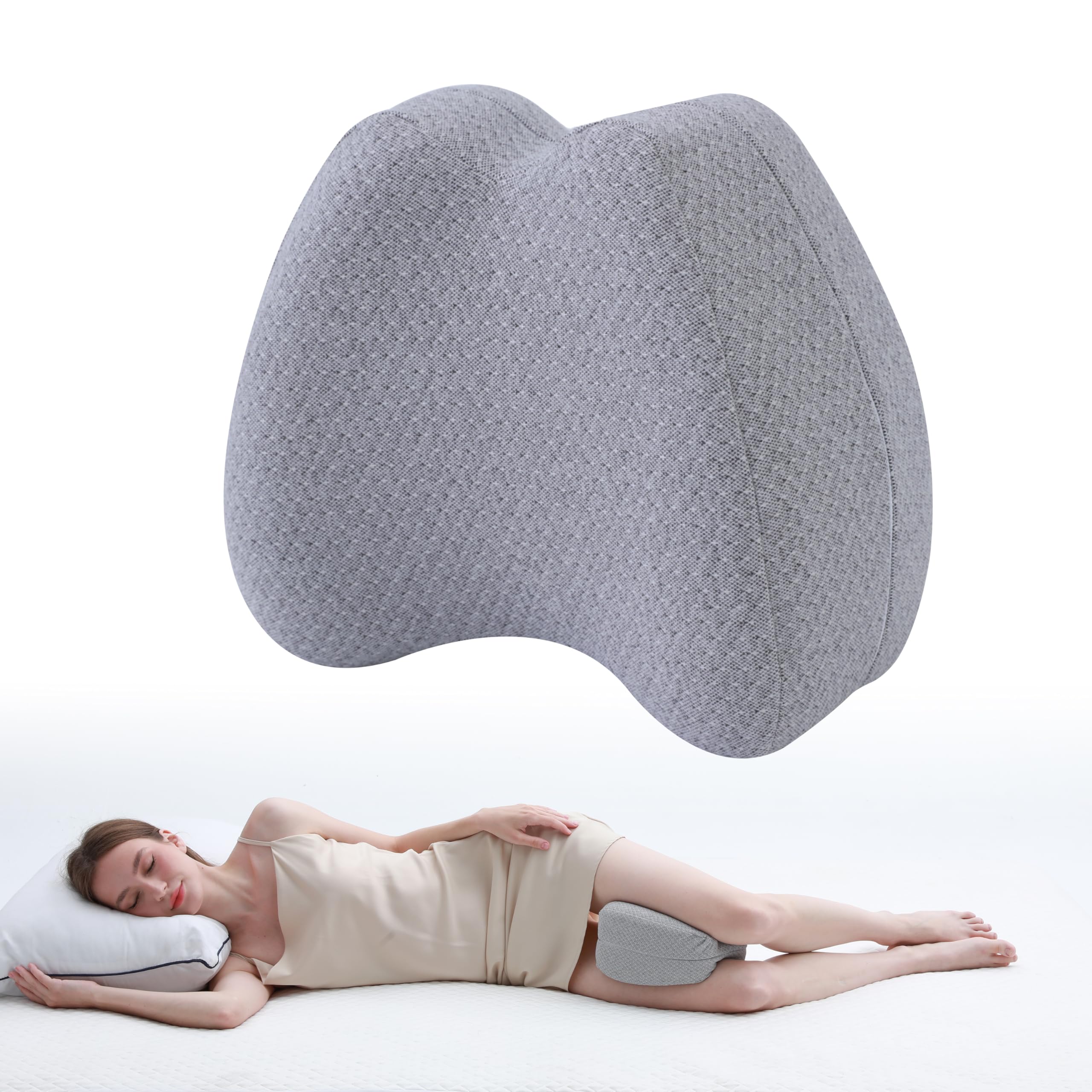 Ergonomic Knee Pillow - Memory Foam Support Pillow for Side Sleepers, Relieves Hip, Knee & Sciatica Pain, Spine Alignment Contour, Washable Cover for Men & Women (12x22x10cm, Classic Grey)