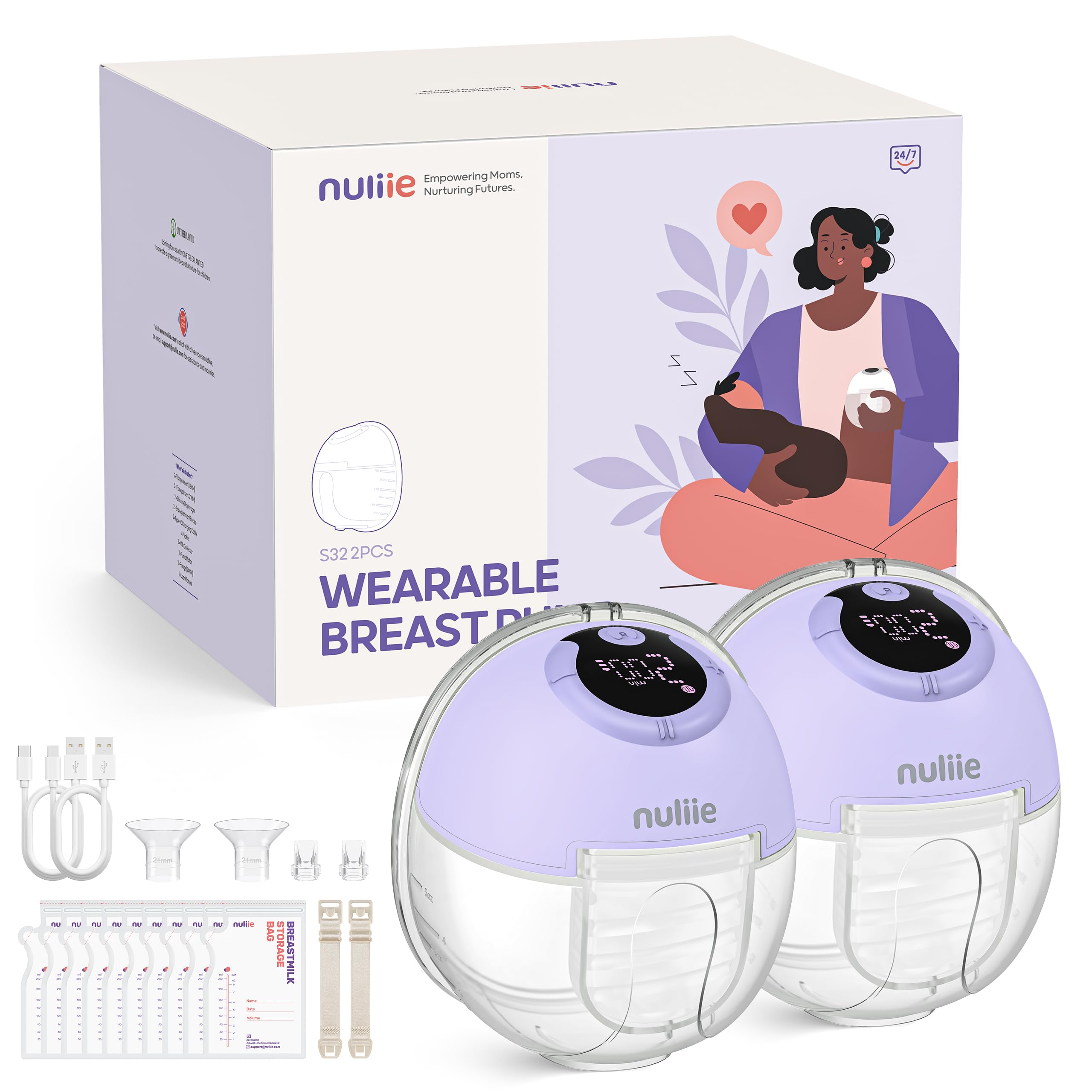 Nuliie Milchpumpe Elektrisch tragbare (2 Packs, Flieder)