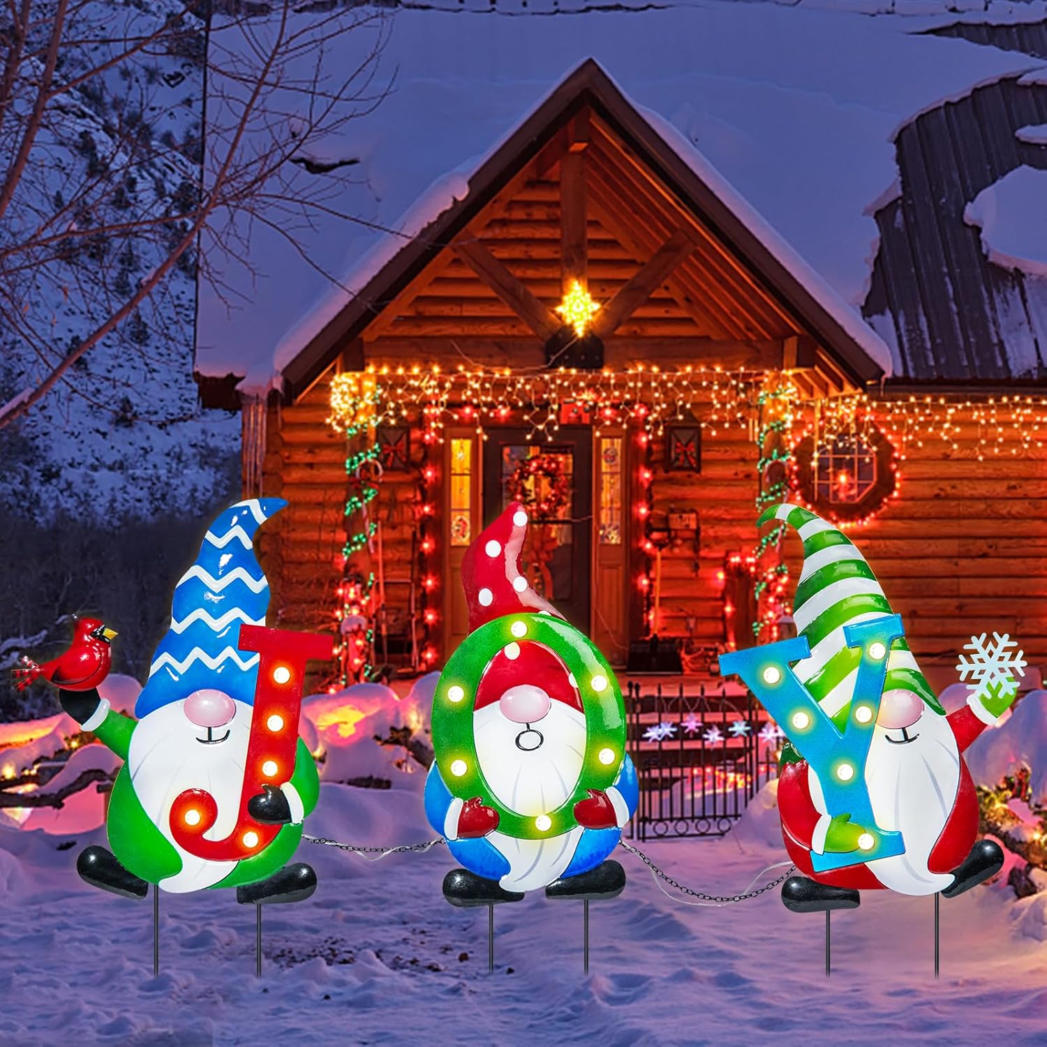 WONDER GARDEN Christmas Yard Stakes, 3 PCS Metal Yard Signs, Xmas Gnomes with Joy and Led Light Christmas Yard Decorations for Lawn Party Decorations