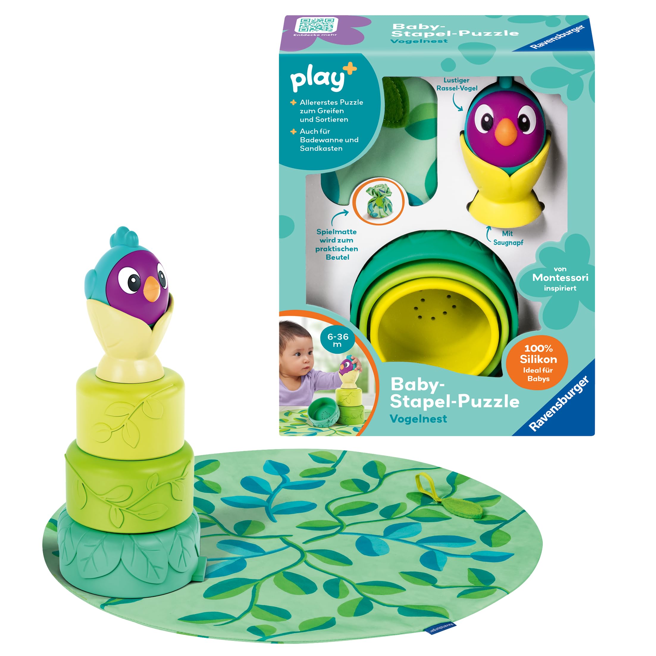 Ravensburger 4857 Play+ Baby-Stapel-Puzzle: Vogelnest - Montessori Spielzeug - Saugnapf Stapelspiel - Ostergeschenk Baby und Kleinkind 6 bis 36 Monate - ideale Geschenkidee für das erste Ostern