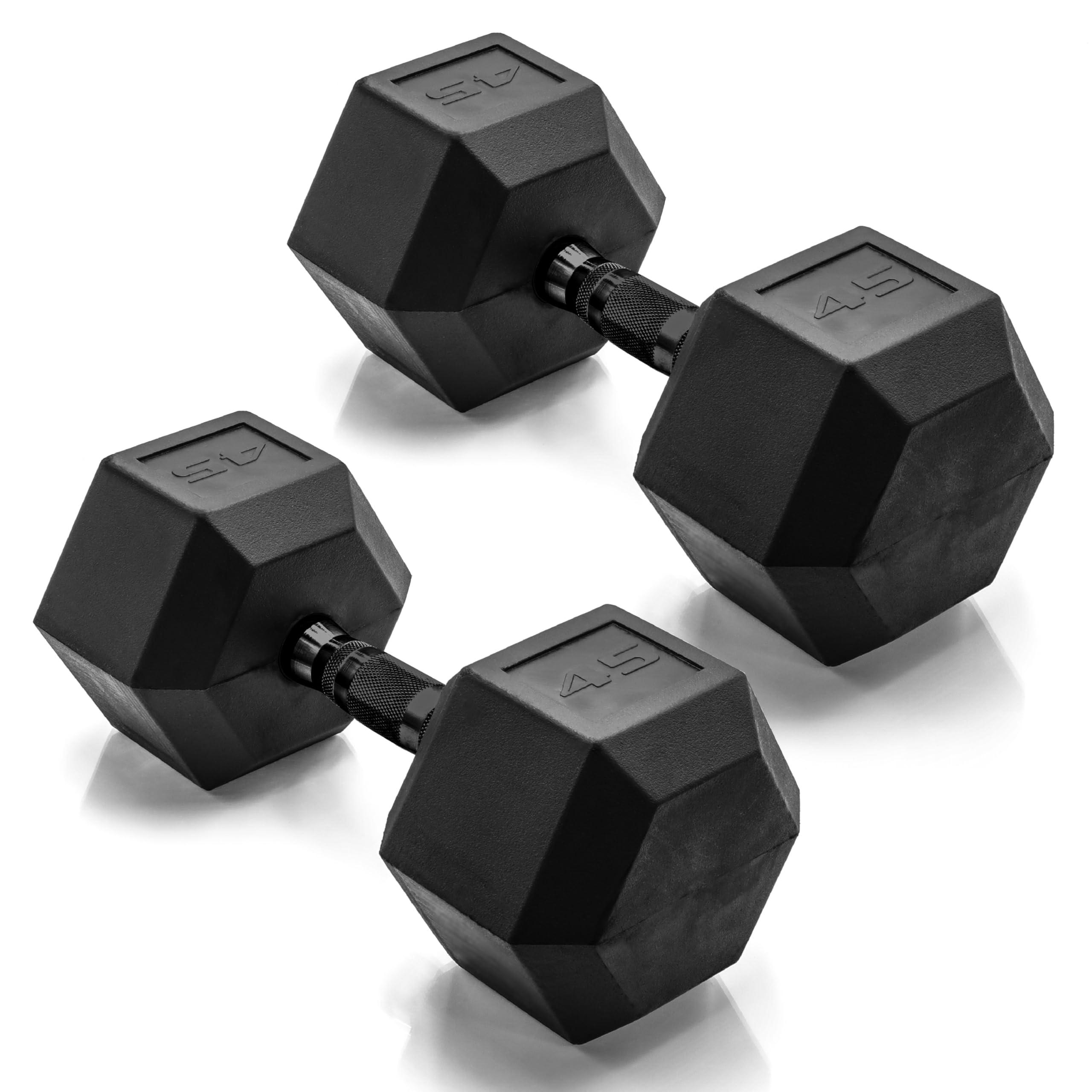 CAP Rubber Coated Dumbbell Weights, Free Weights for Home Gym Strength Training, Anti-Roll Hex Dumbbells with Black, Chrome &amp; Comfort Grip Handles, Pairs &amp; Sets