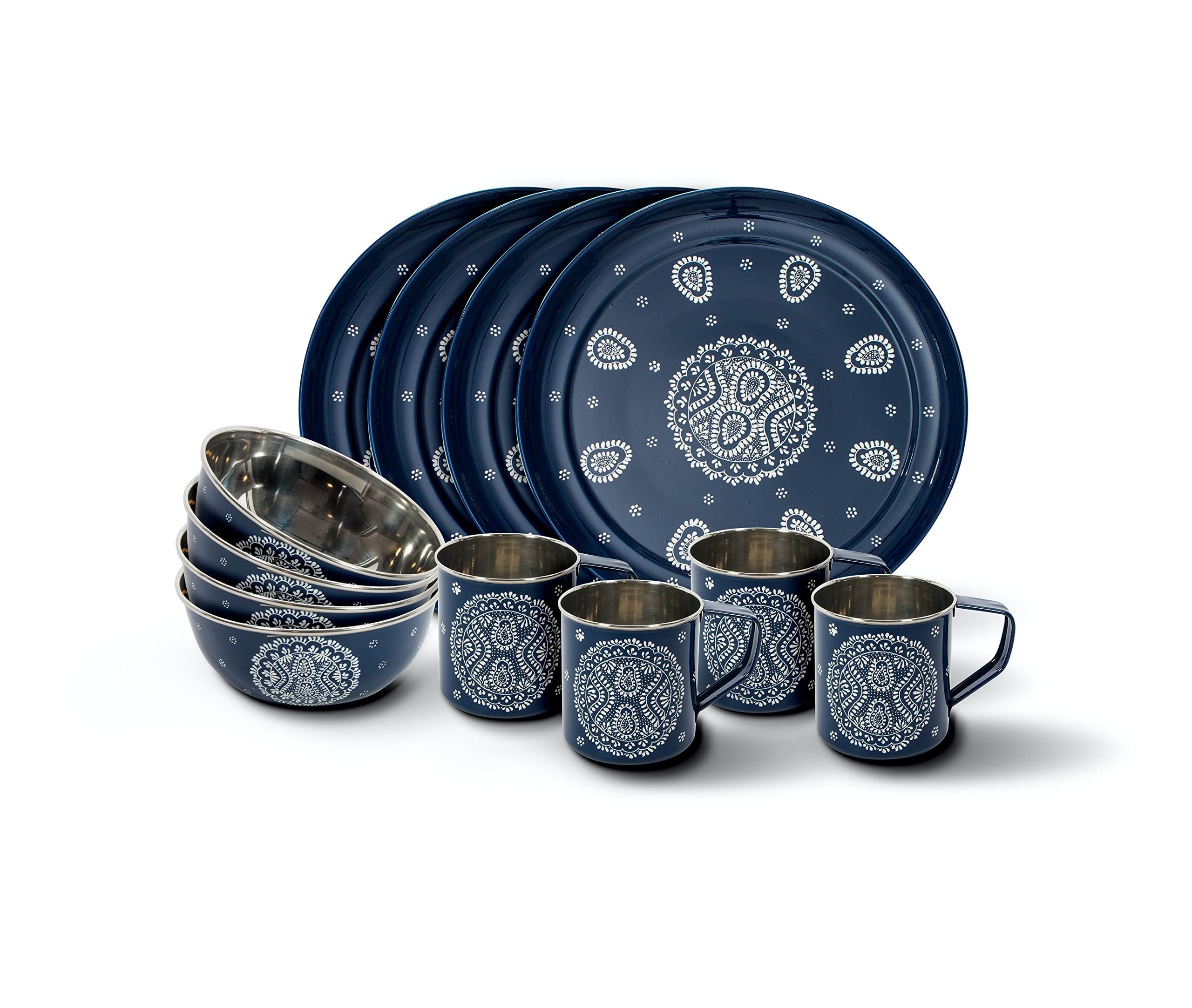 Hand Painted Enamel Dinnerware Set, Enamel Camping Dinnerware Set, Blue