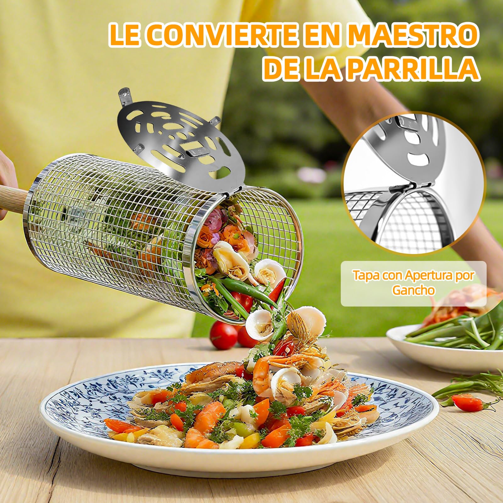 Juego de 2 Cilíndrica Parrilla Barbacoa Acero Inoxidable 304, Accesorios Barbacoa con Mango de Madera Extraíble, Utensilios bbq para Asar Verduras, Carne, Parrilla Cesta para Gas, Carbón Barbacoas