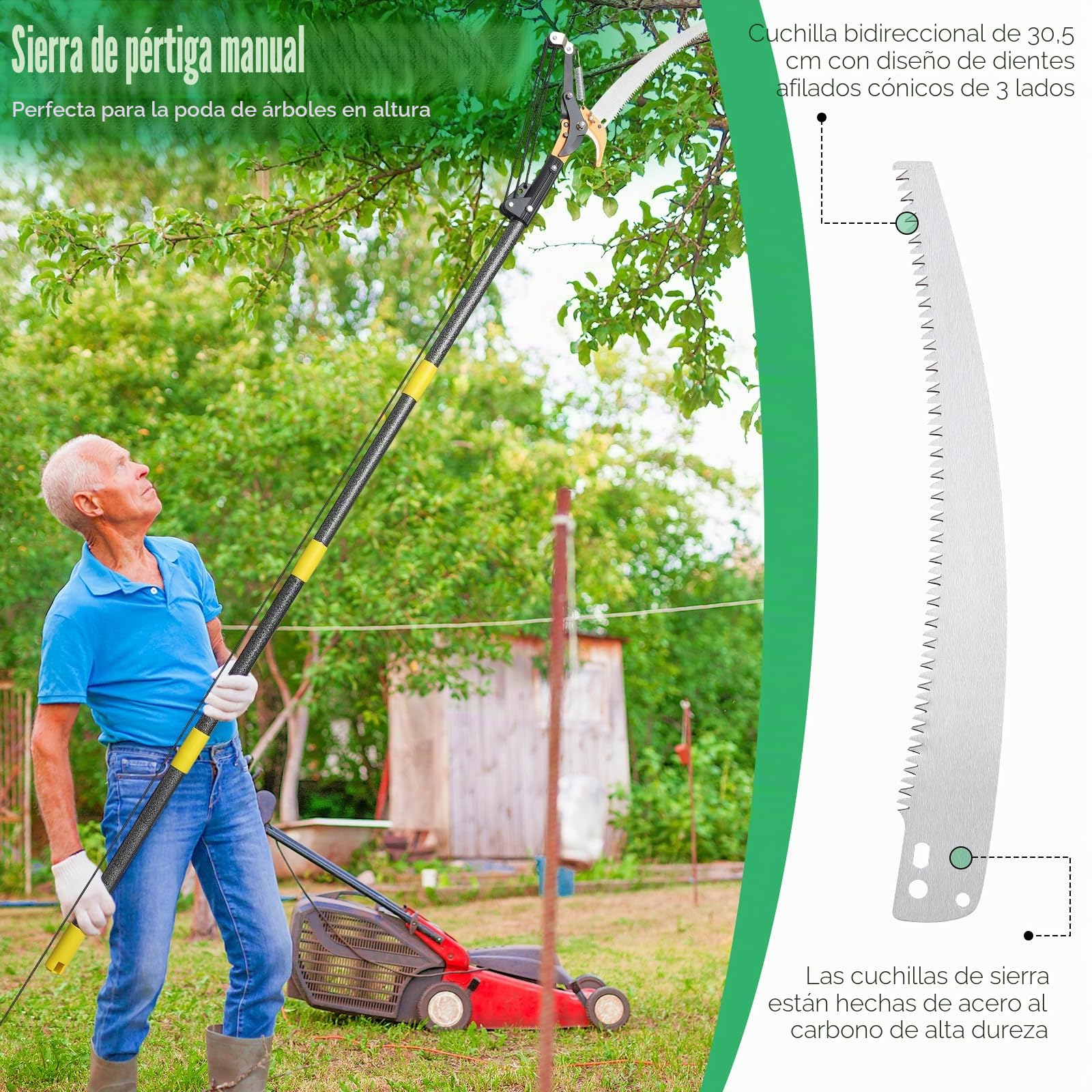 Sierras de poste para podar árboles, podadora manual de 13.7 pies, podadora de mango largo extensible, hoja de acero afilada y tijeras para ramas altas