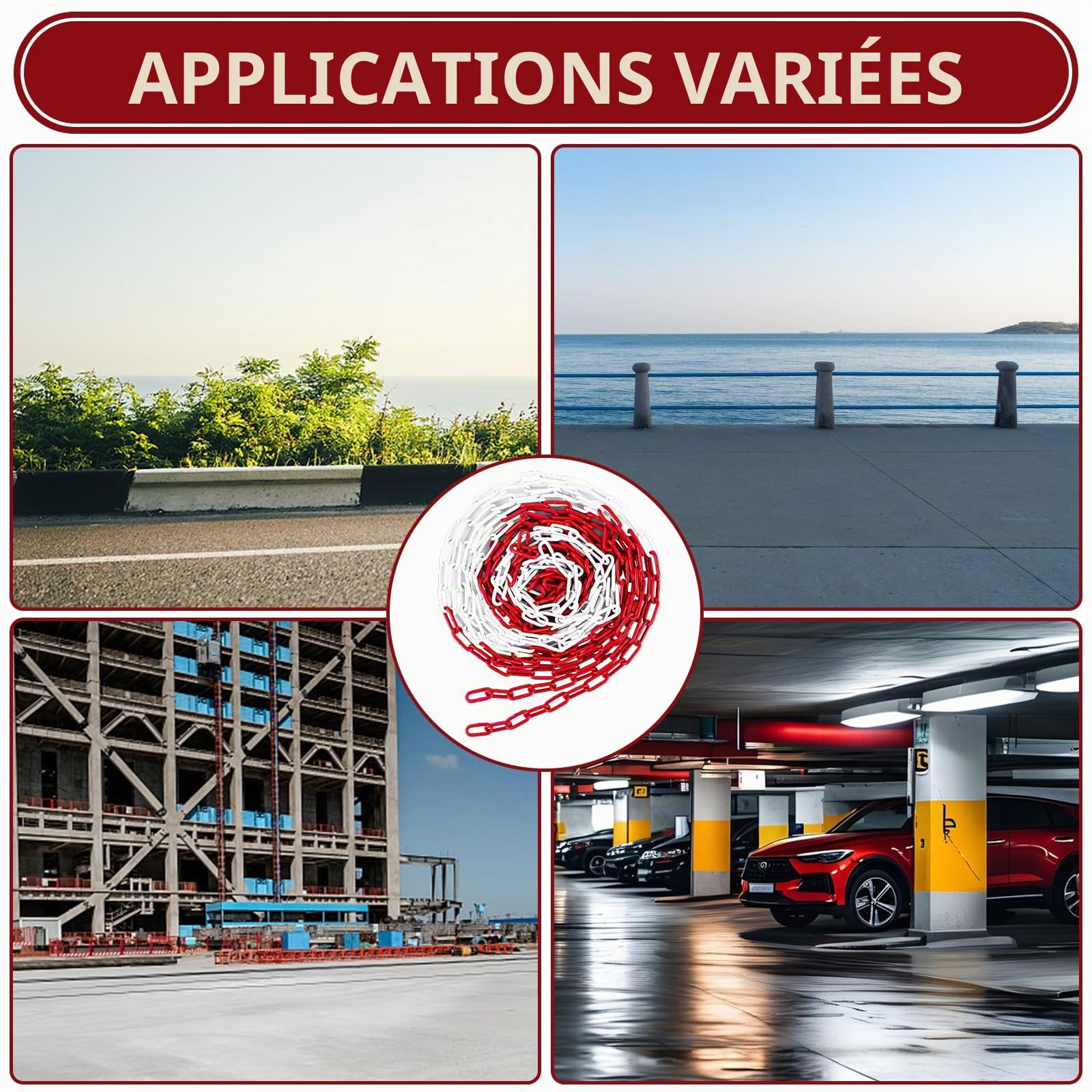 CYEER Chaîne de barrière en métal rouge et blanc 10 m – Chaîne en acier robuste de 5 mm d'épaisseur – Chaîne d'avertissement résistante aux intempéries pour parking, chantier et barrière
