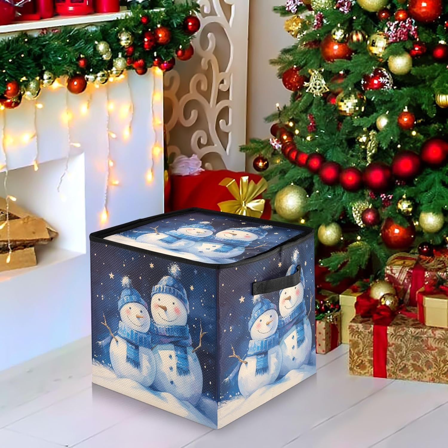 High Capacity Christmas ornament organizer storage Holds Up to 64, Adjustable Dividers, Zippered Top, Two Handles sturdy Holiday Storage Case with Lid,Snowmen Blue Iilustration