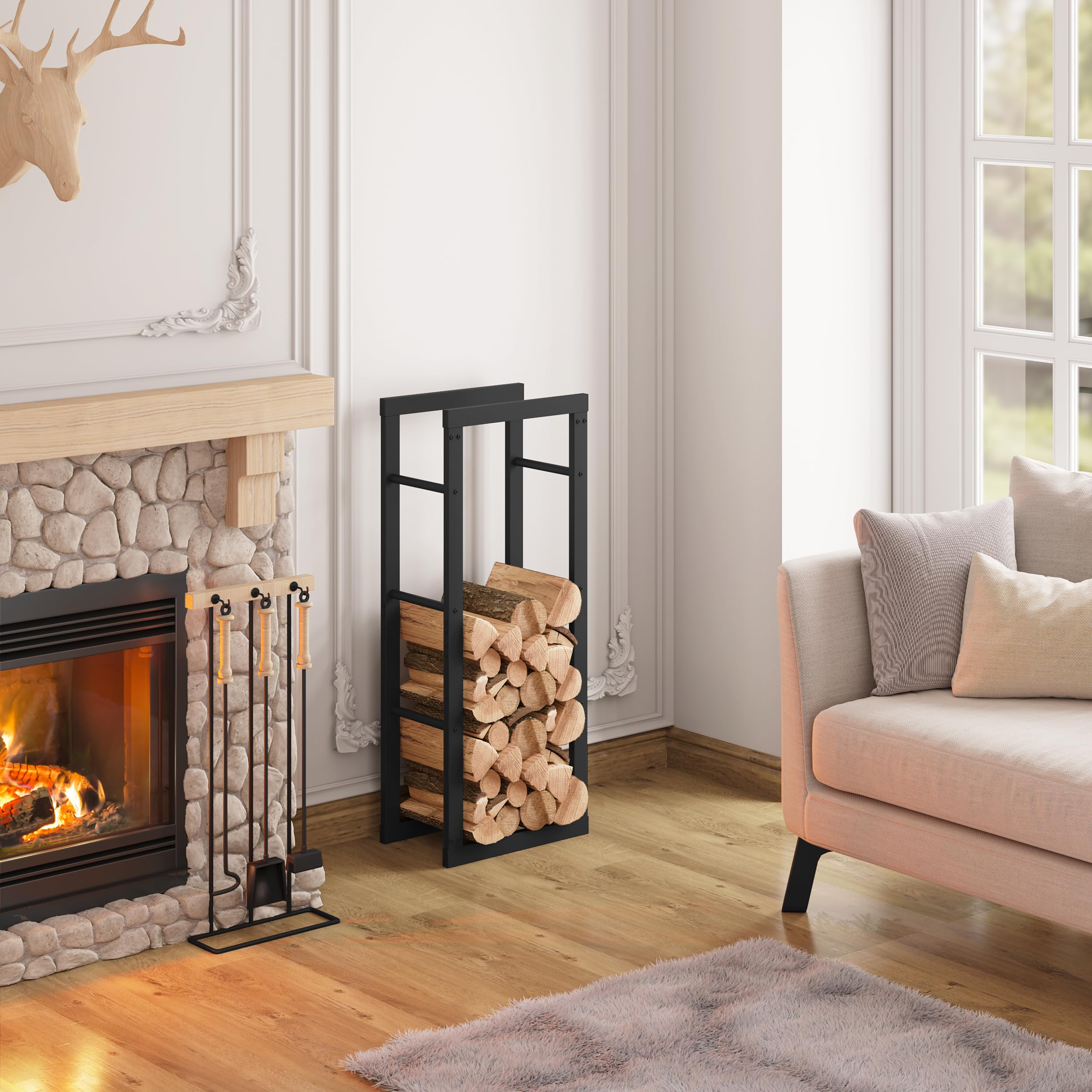 Laneetal Portalegna da Interno 40x25x100 cm Metalowy Stojak na Drewno Kominkowe Czarny
