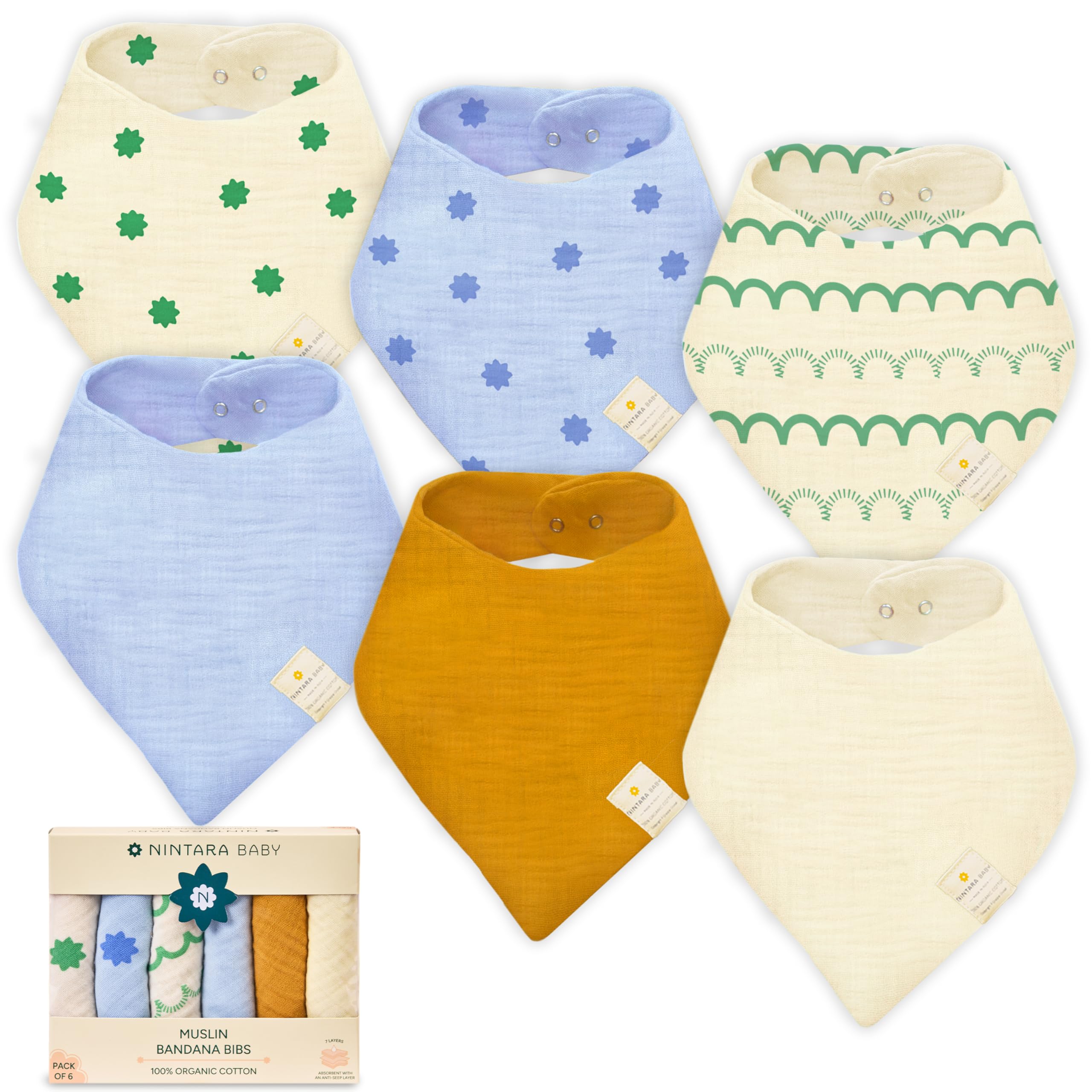 NINTARABABY Bandana Bibs, 100% Organic Muslin Cotton, 7-Layer Absorbent for Drooling Teething & Feeding