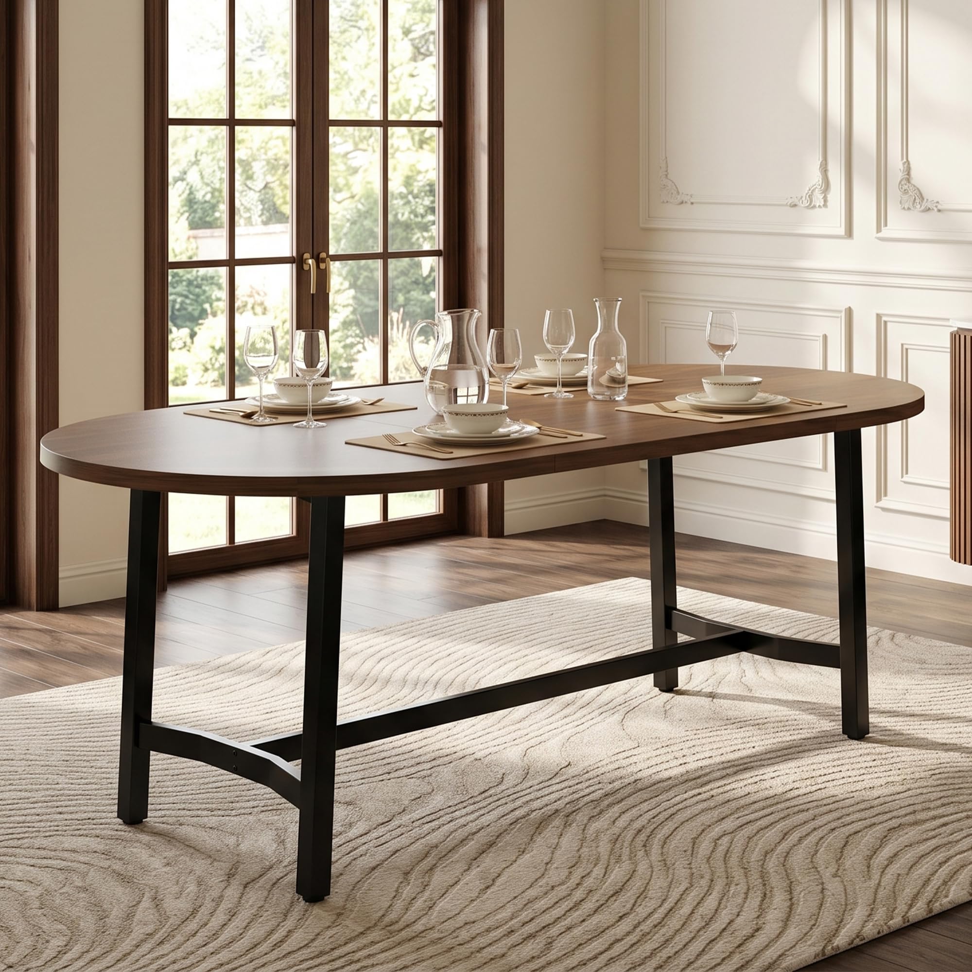 Mesa de comedor 180 x 80 x 75 cm, adecuada para 6 – 8 personas, con esquinas redondeadas, estilo sencillo, patas de mesa de hierro, color nogal, nogal