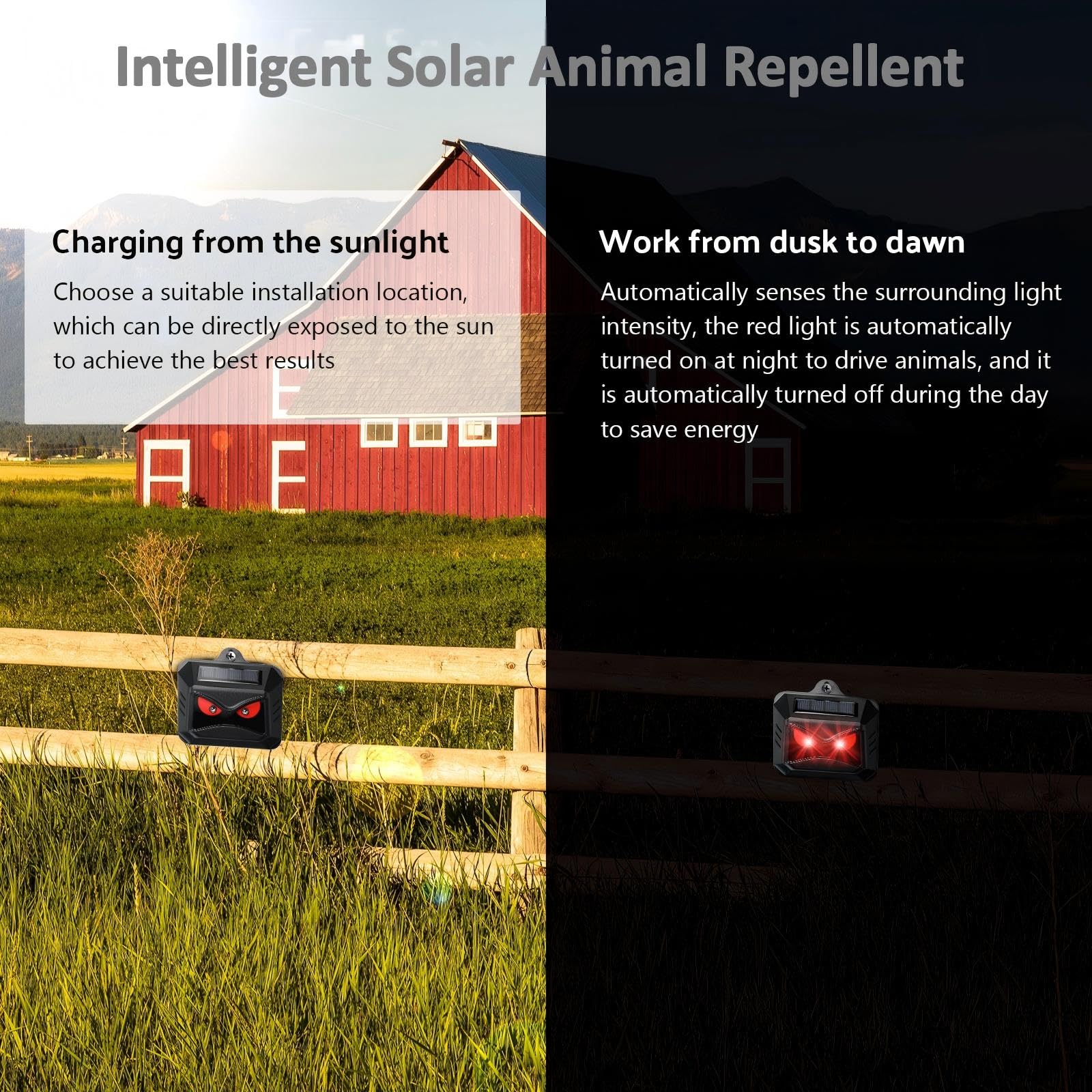 Luz de control solar, repelente de animales nocturnos, dispositivos disuasorios al aire libre, sensor de luz, repelente de animales para zorrillo, ciervo, coyote, zorro, mapache, gato, jardín